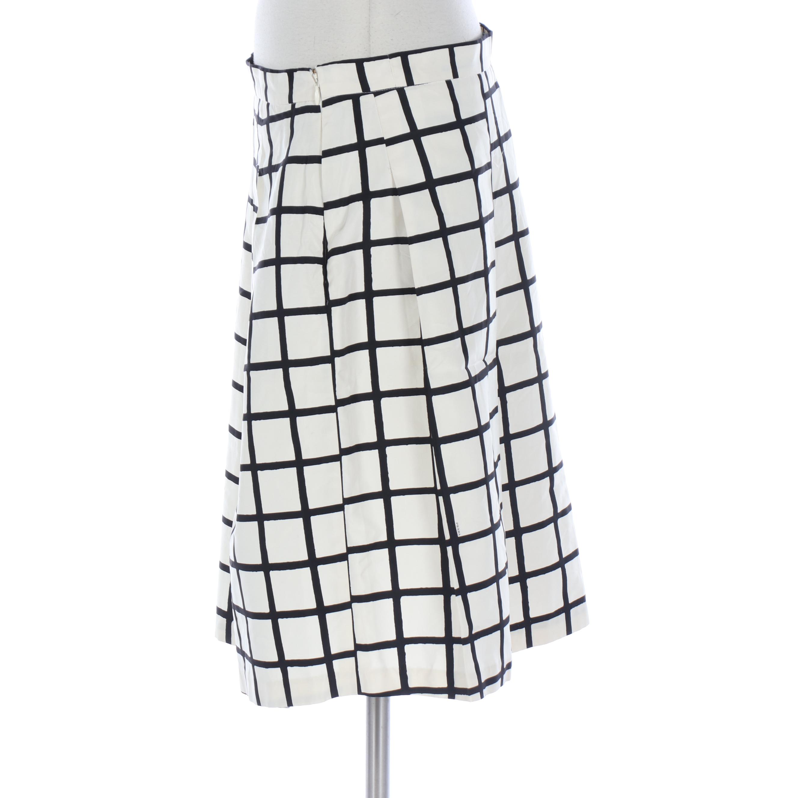 Prada Pleated Skirt in Cream/Black Windowpane Silk