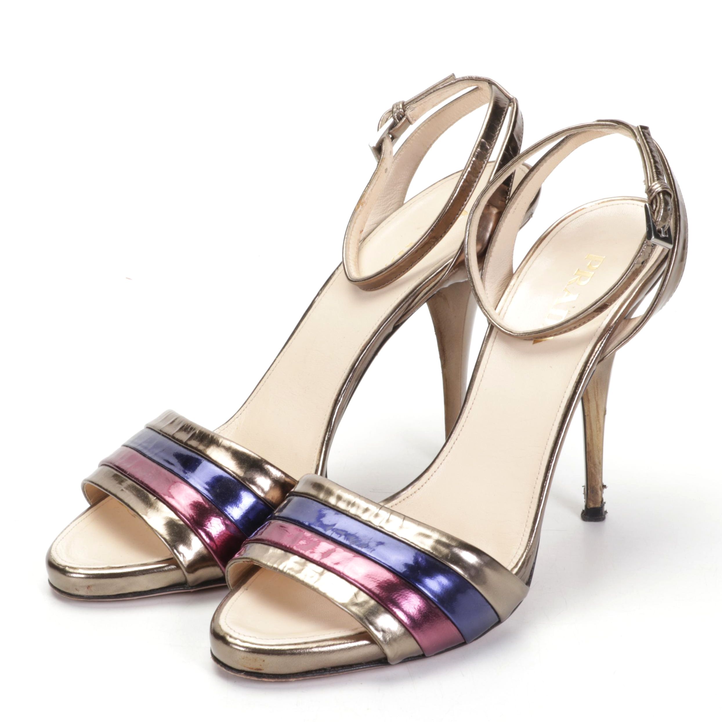 Prada Metallic Leather Ankle-Strap Sandals