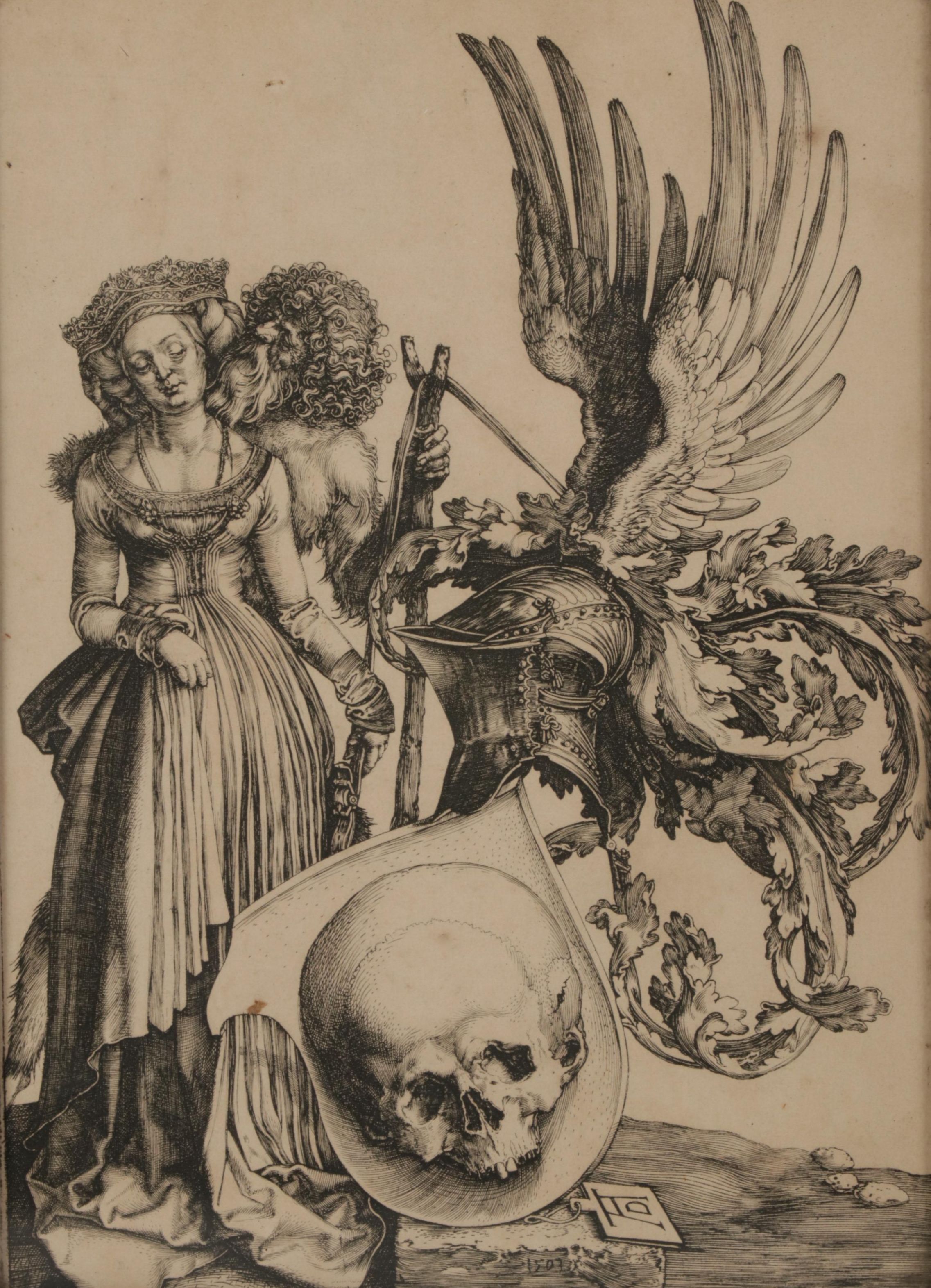 Etching After Albrecht Dürer "The Coat-of-Arms With the Skull," 19th Century
