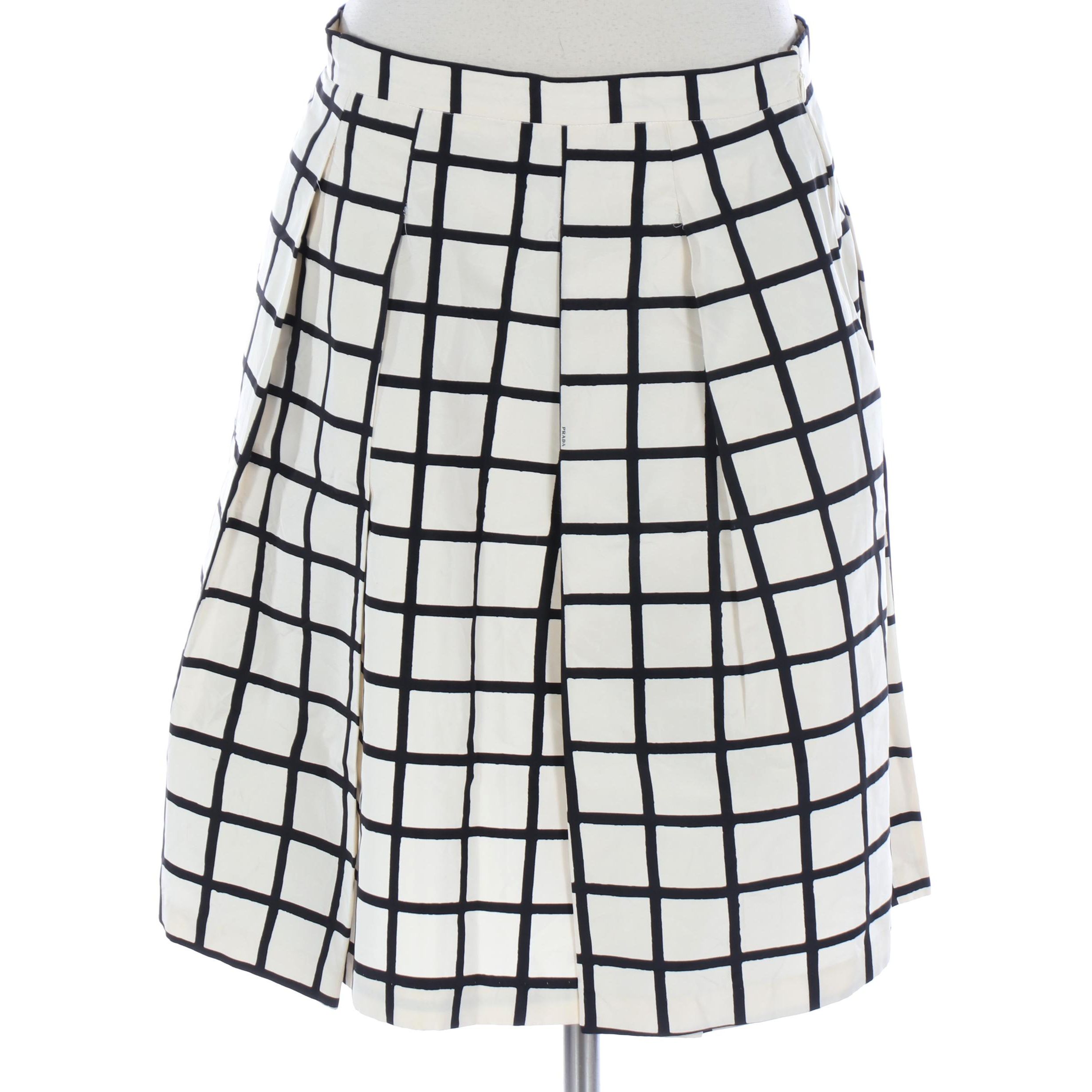Prada Pleated Skirt in Cream/Black Windowpane Silk