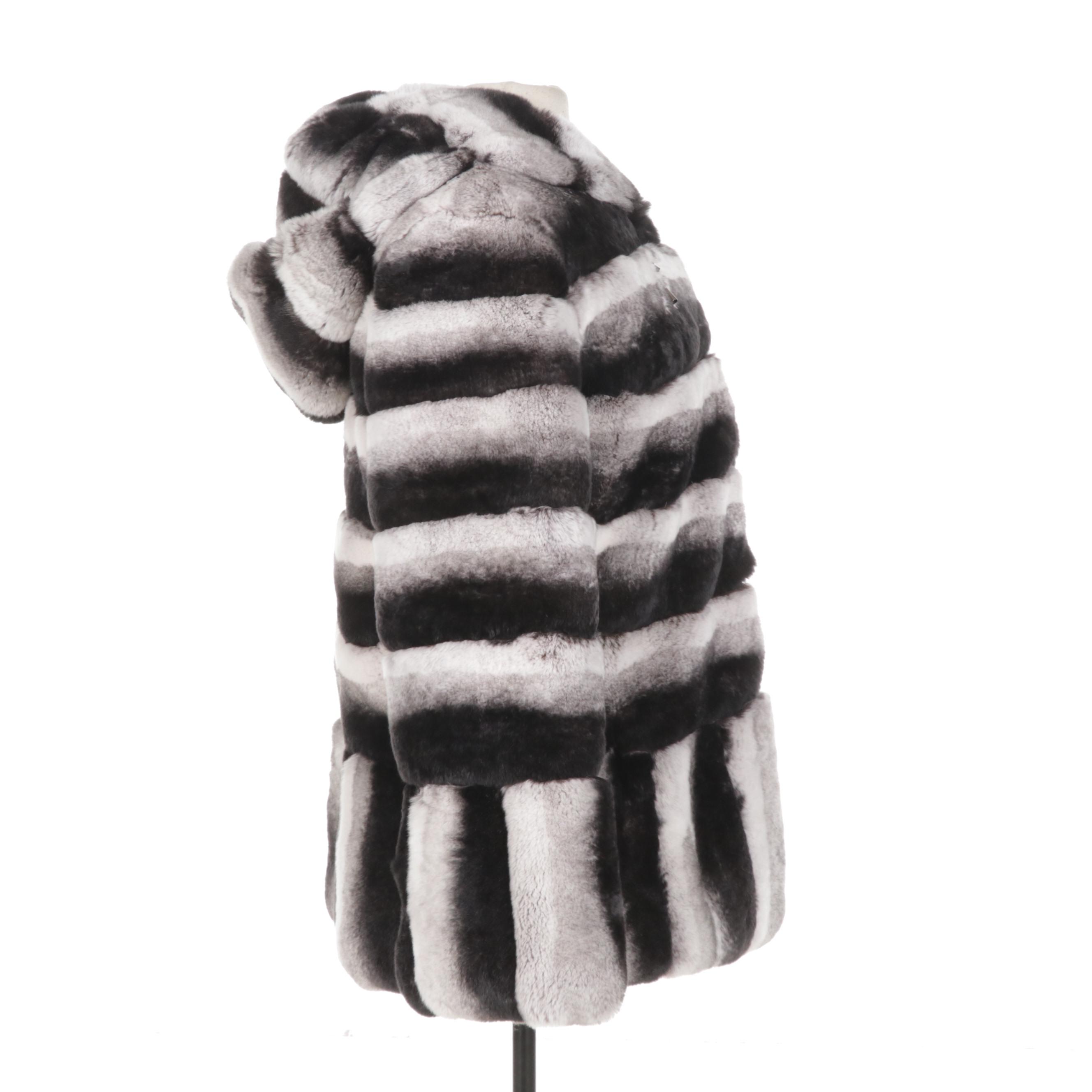 Chinchilla-Dyed Rex Rabbit Fur Hooded Stroller Coat