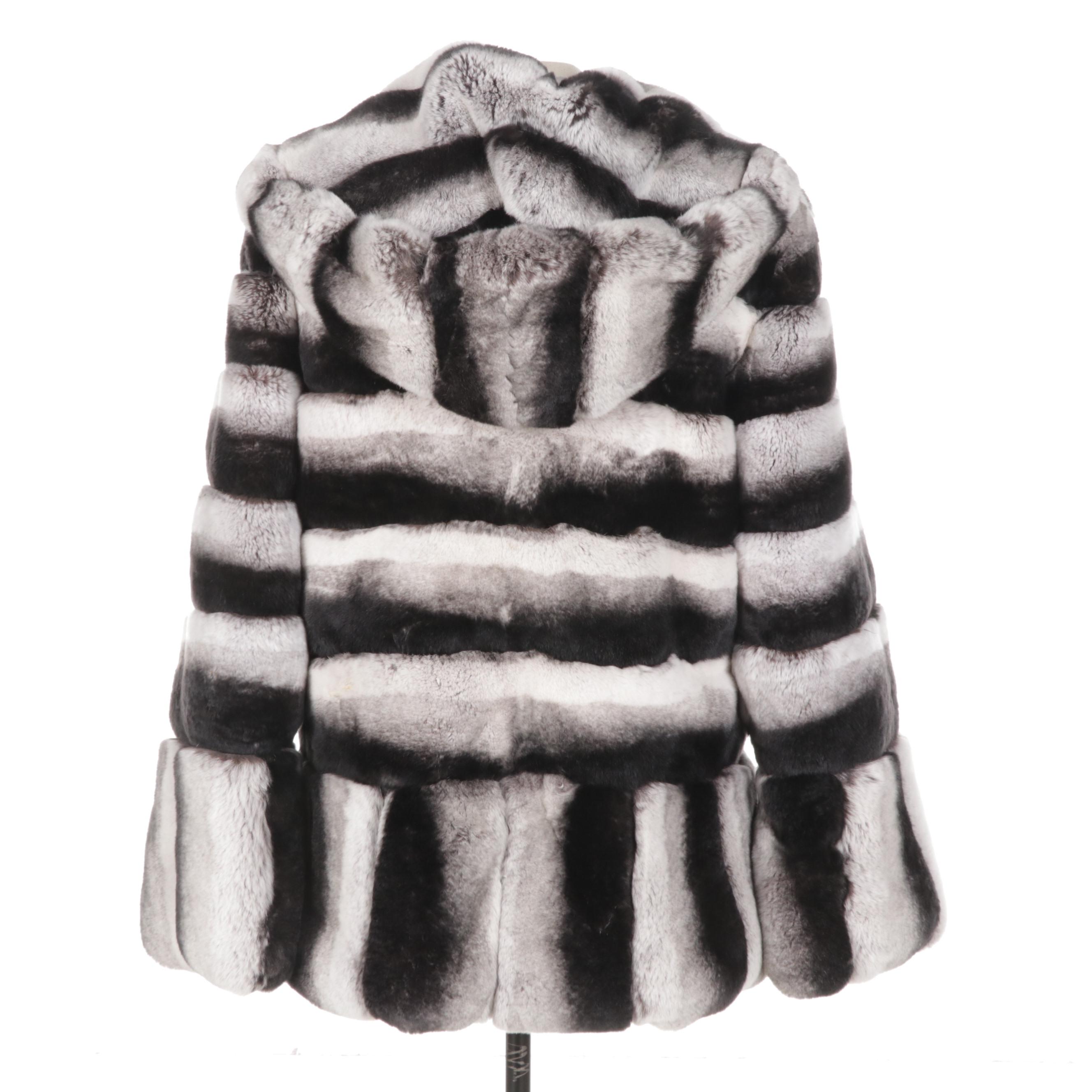 Chinchilla-Dyed Rex Rabbit Fur Hooded Stroller Coat