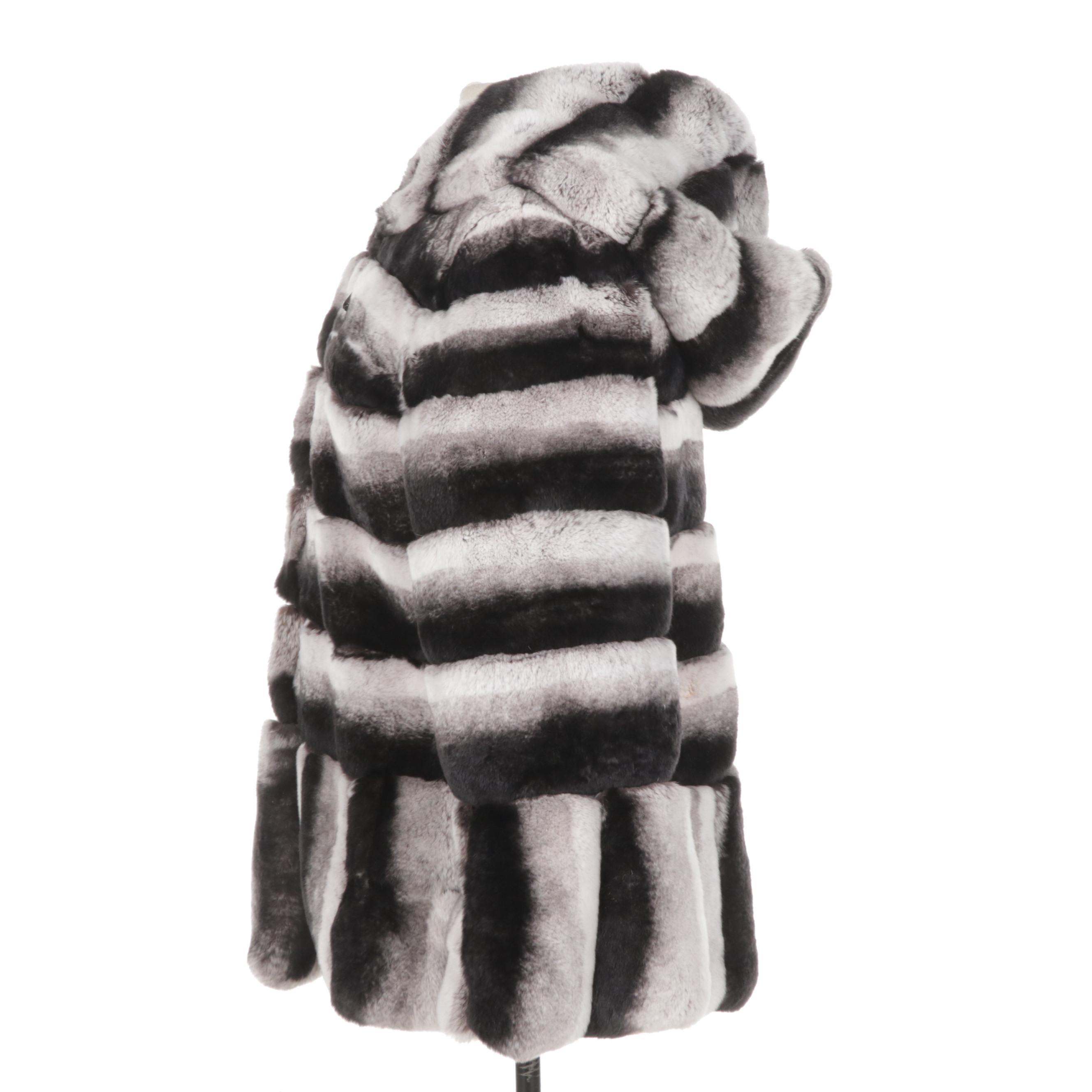 Chinchilla-Dyed Rex Rabbit Fur Hooded Stroller Coat