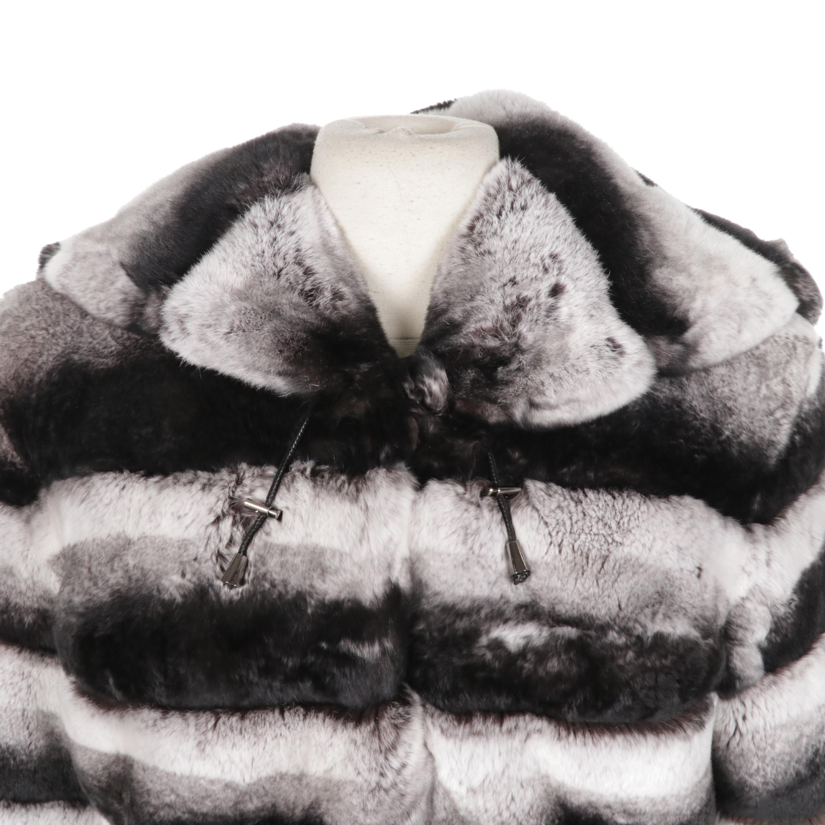 Chinchilla-Dyed Rex Rabbit Fur Hooded Stroller Coat