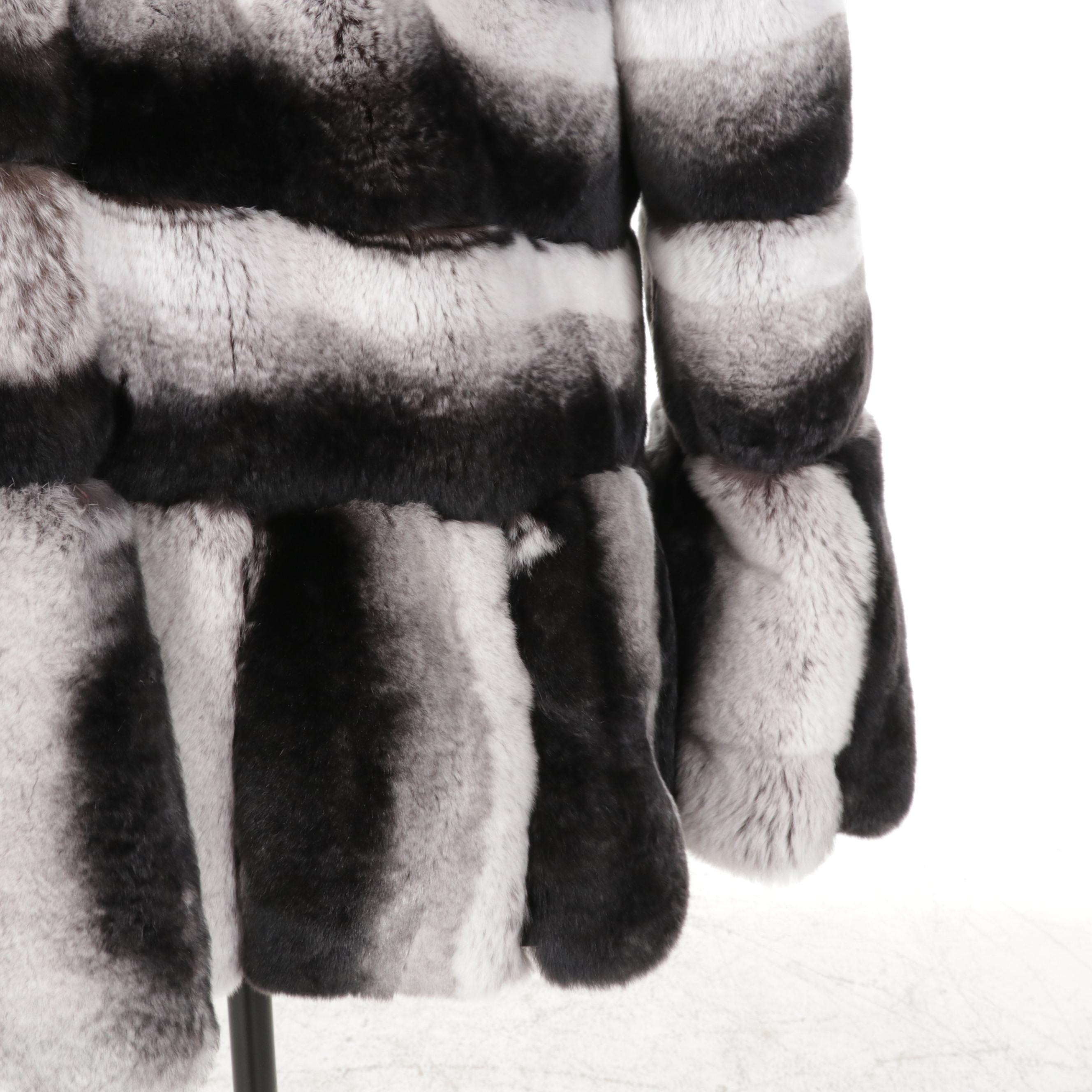 Chinchilla-Dyed Rex Rabbit Fur Hooded Stroller Coat