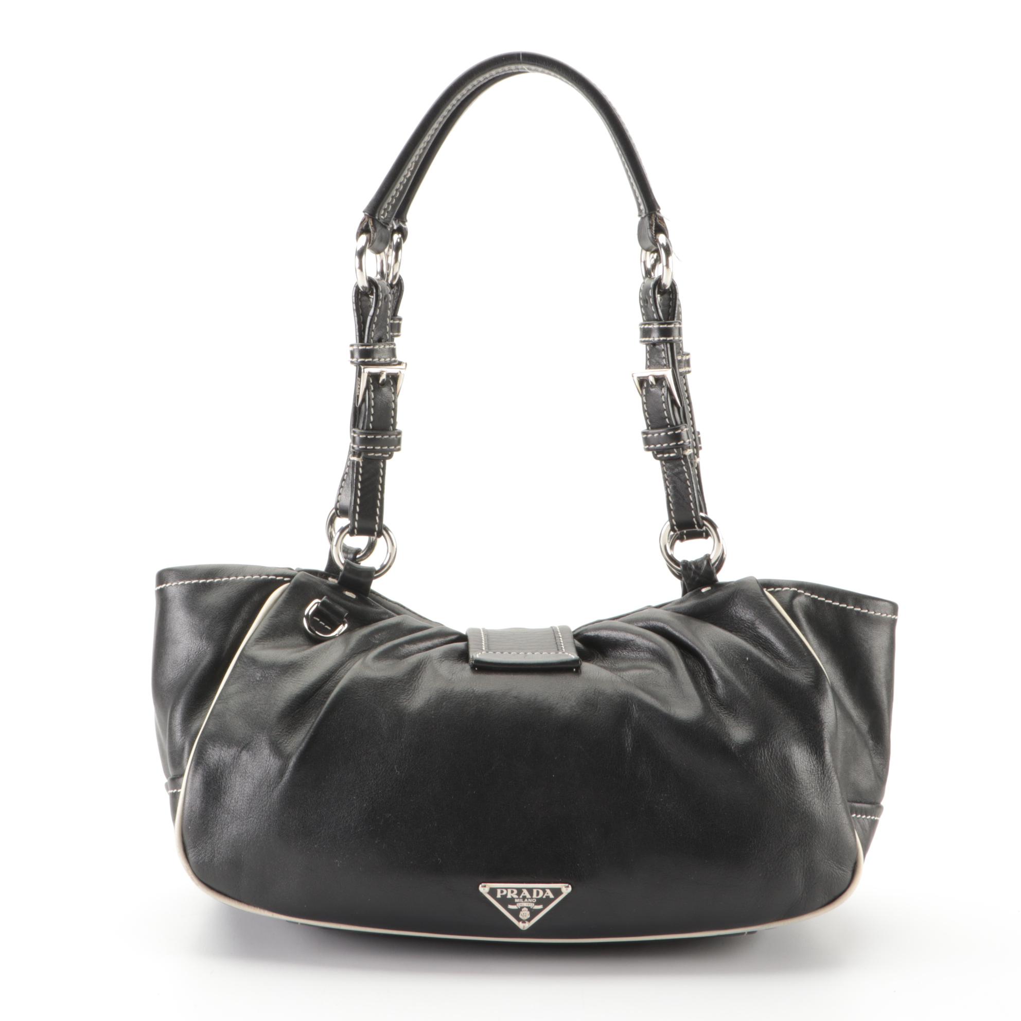 Prada Dual-Pocket Shoulder Bag in Black Leather with Contrast Stitching
