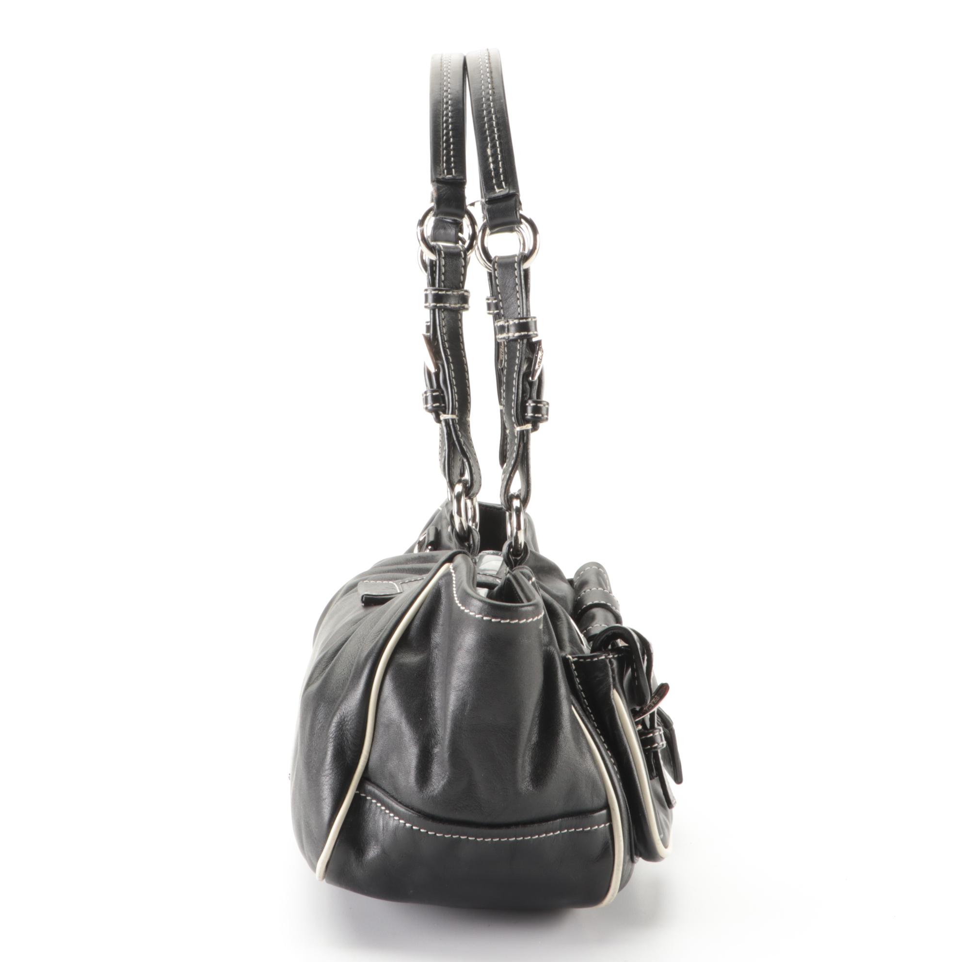 Prada Dual-Pocket Shoulder Bag in Black Leather with Contrast Stitching