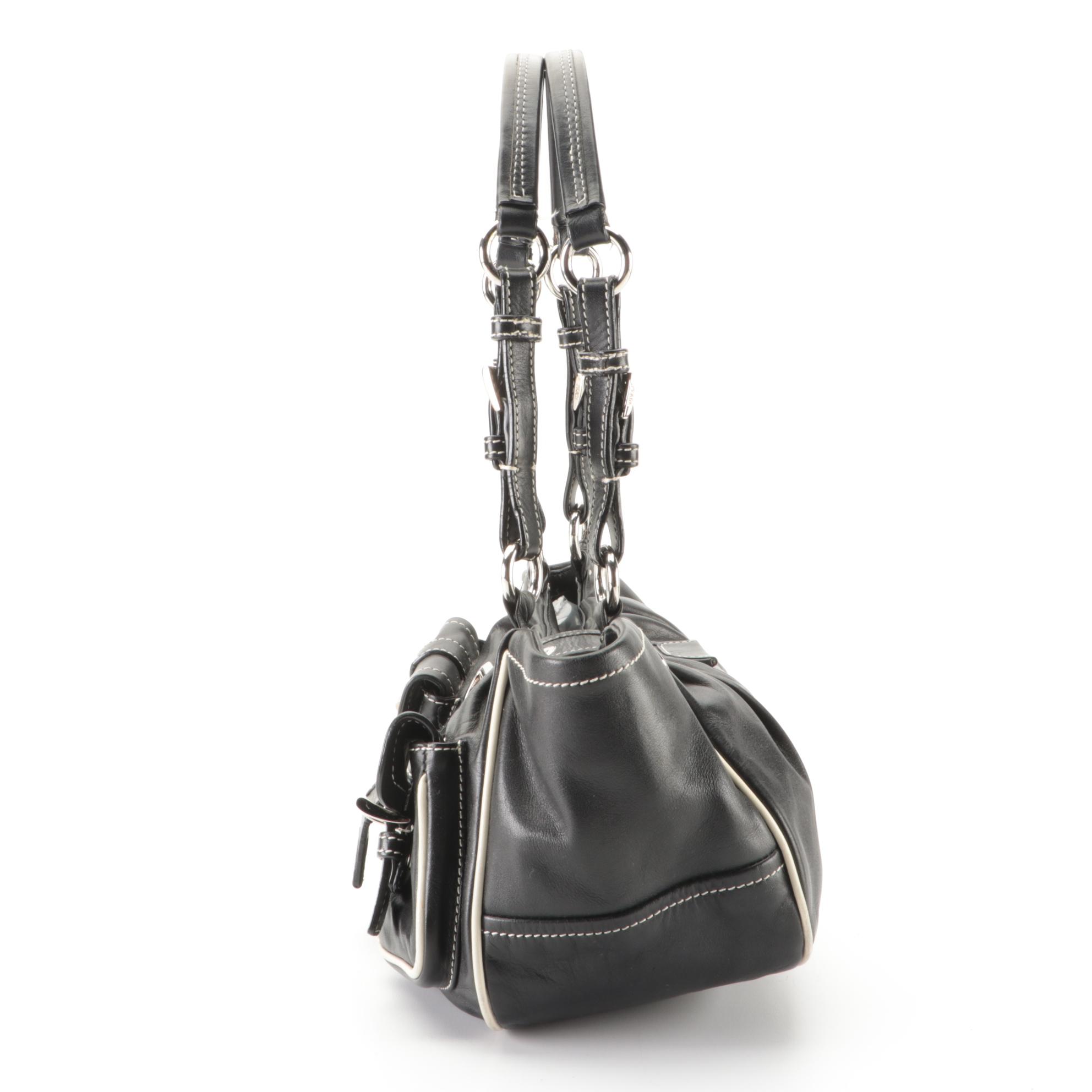 Prada Dual-Pocket Shoulder Bag in Black Leather with Contrast Stitching