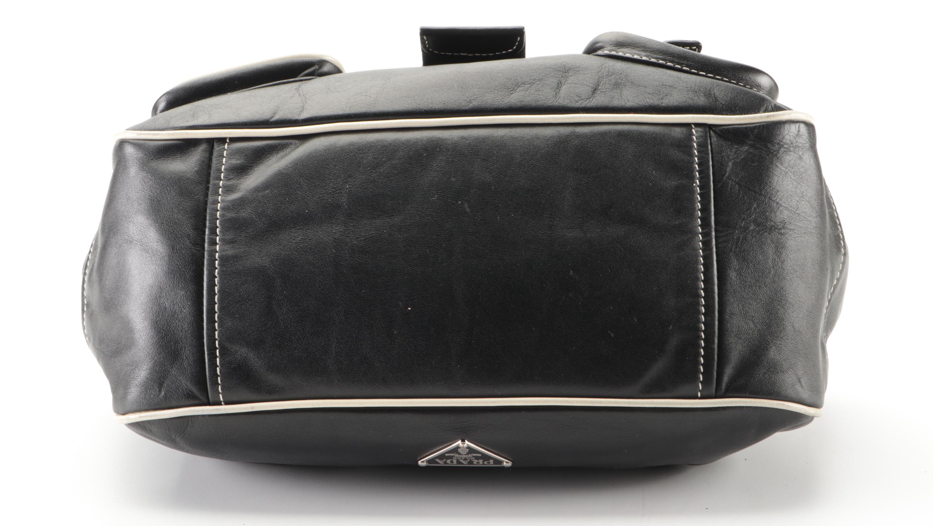 Prada Dual-Pocket Shoulder Bag in Black Leather with Contrast Stitching