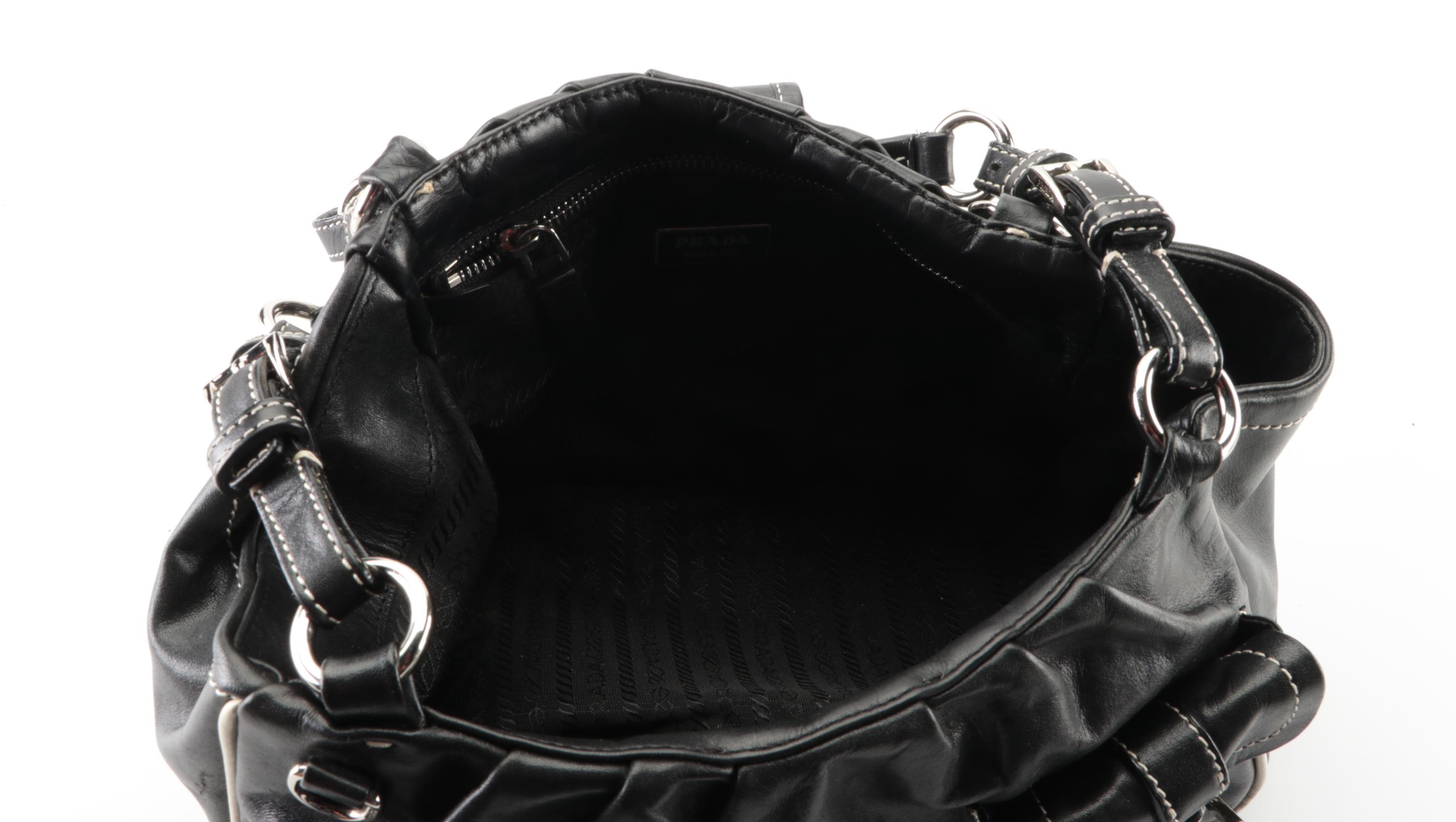 Prada Dual-Pocket Shoulder Bag in Black Leather with Contrast Stitching