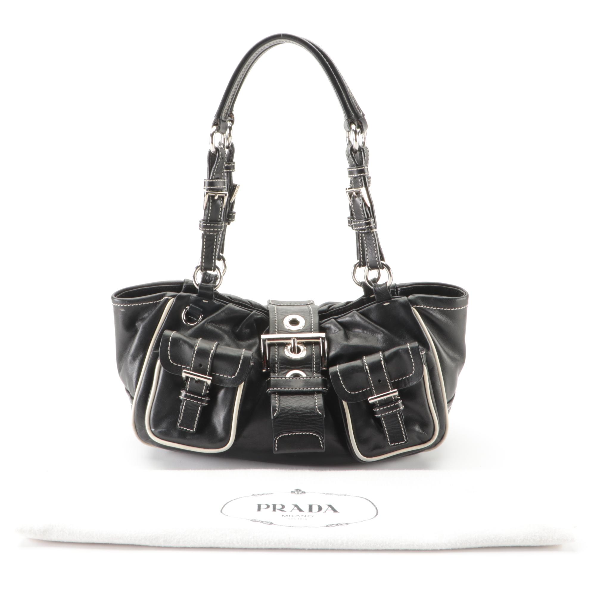 Prada Dual-Pocket Shoulder Bag in Black Leather with Contrast Stitching
