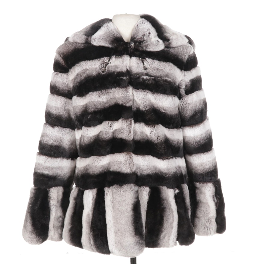 Chinchilla-Dyed Rex Rabbit Fur Hooded Stroller Coat