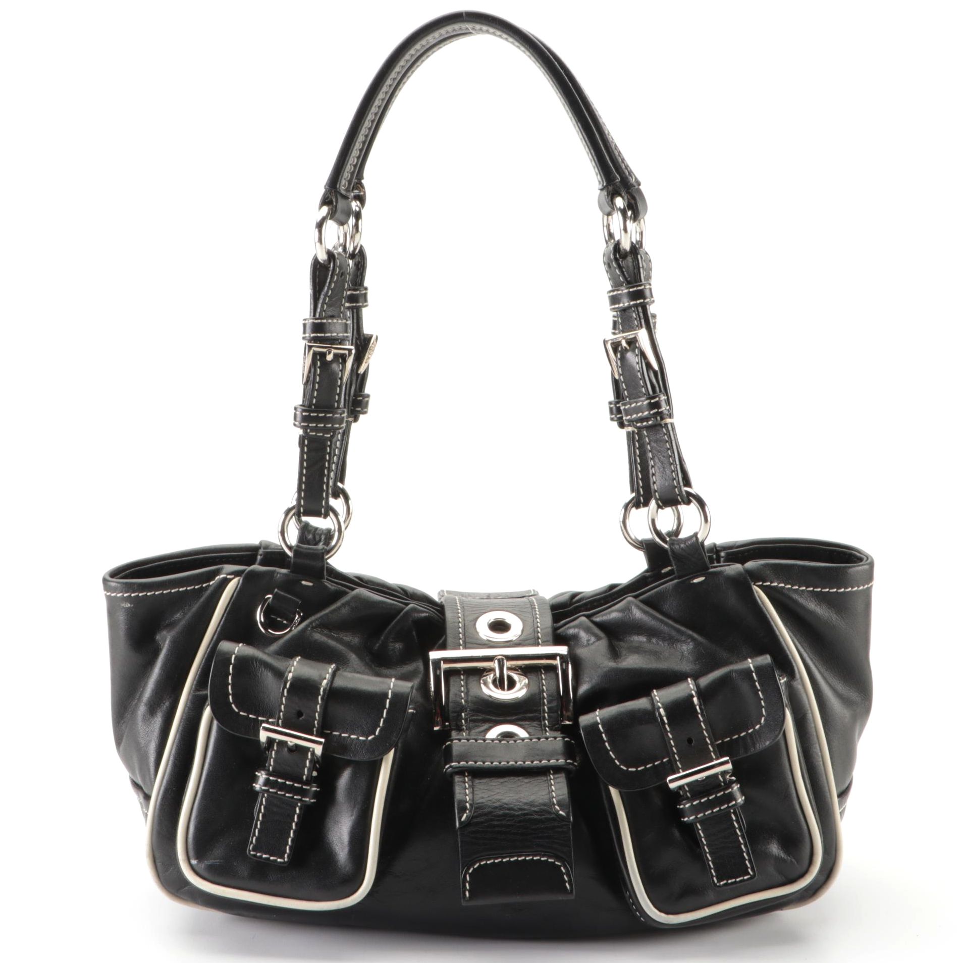 Prada Dual-Pocket Shoulder Bag in Black Leather with Contrast Stitching