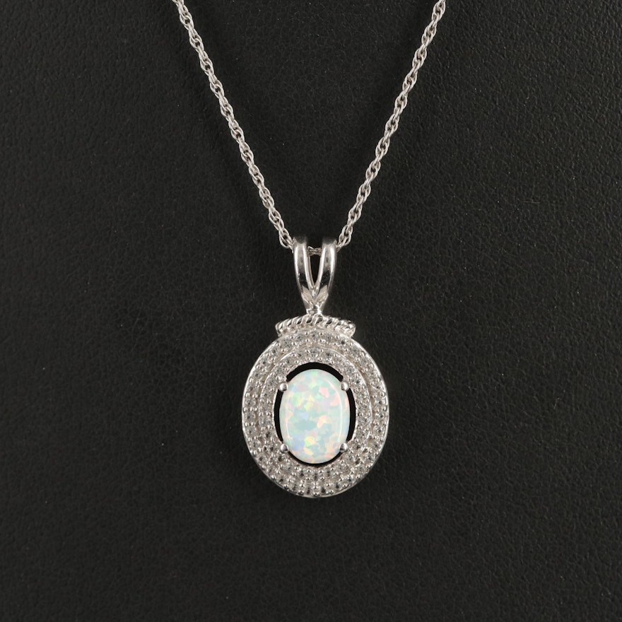 Sterling Opal and White Sapphire Pendant Necklace