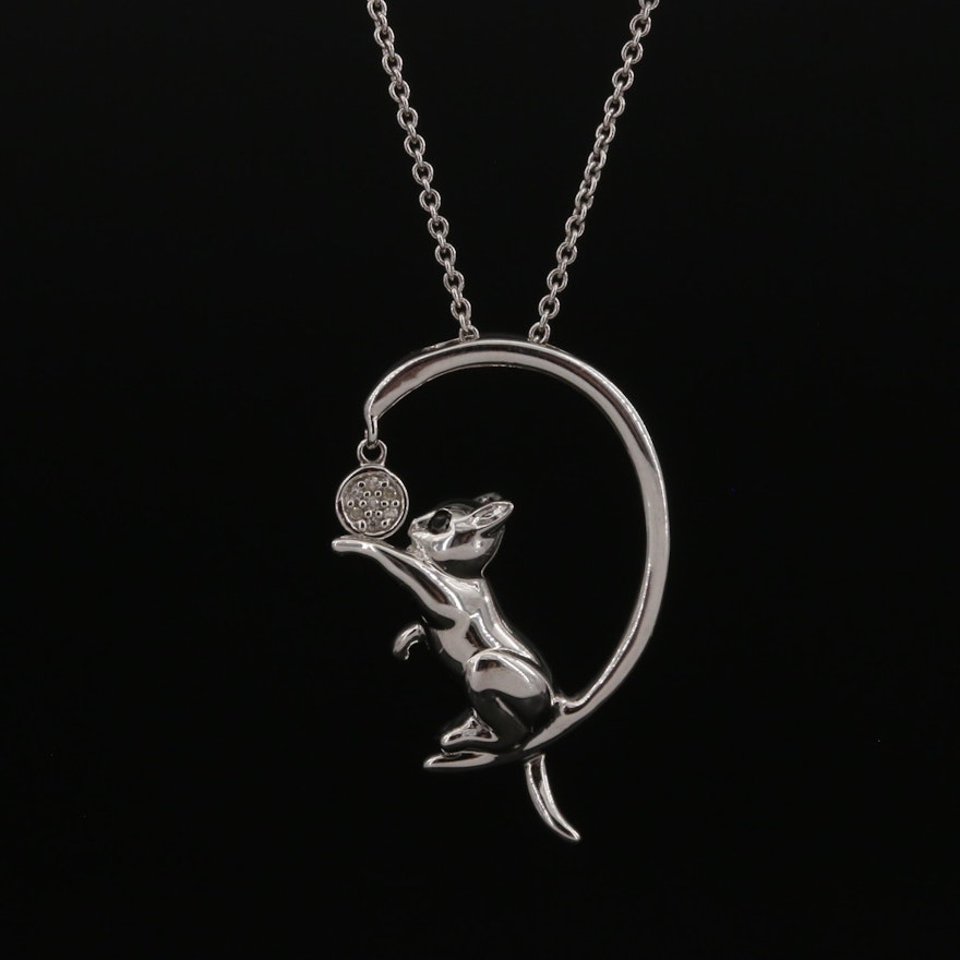 Sterling Diamond Cat with Articulated Drop Pendant Necklace