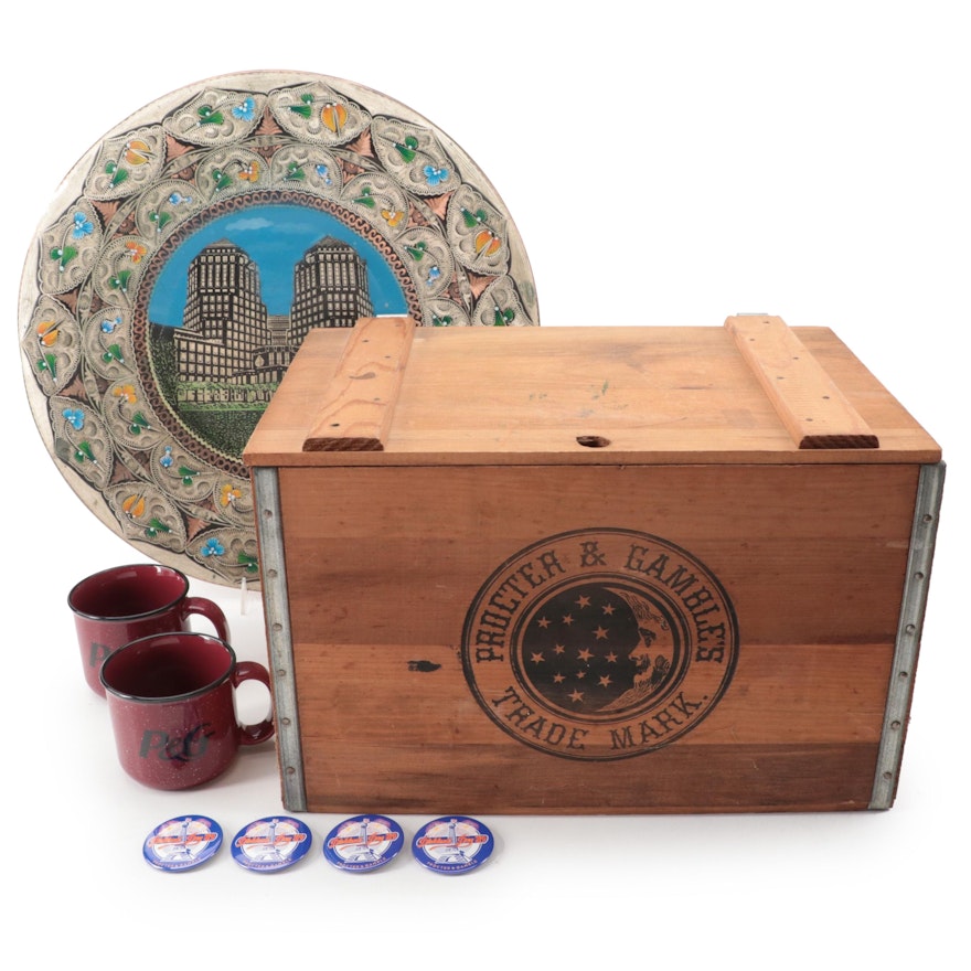 Proctor & Gamble Wood Box, Sign, Mugs and Pinbacks, Mid to Late-20th Century