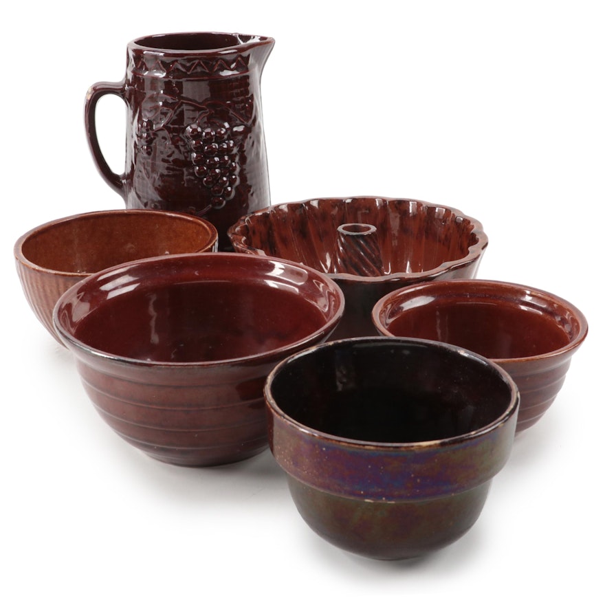 Star "Grape and Lattice" Pitcher with Other Brownware Mixing Bowls and Bundt Pan