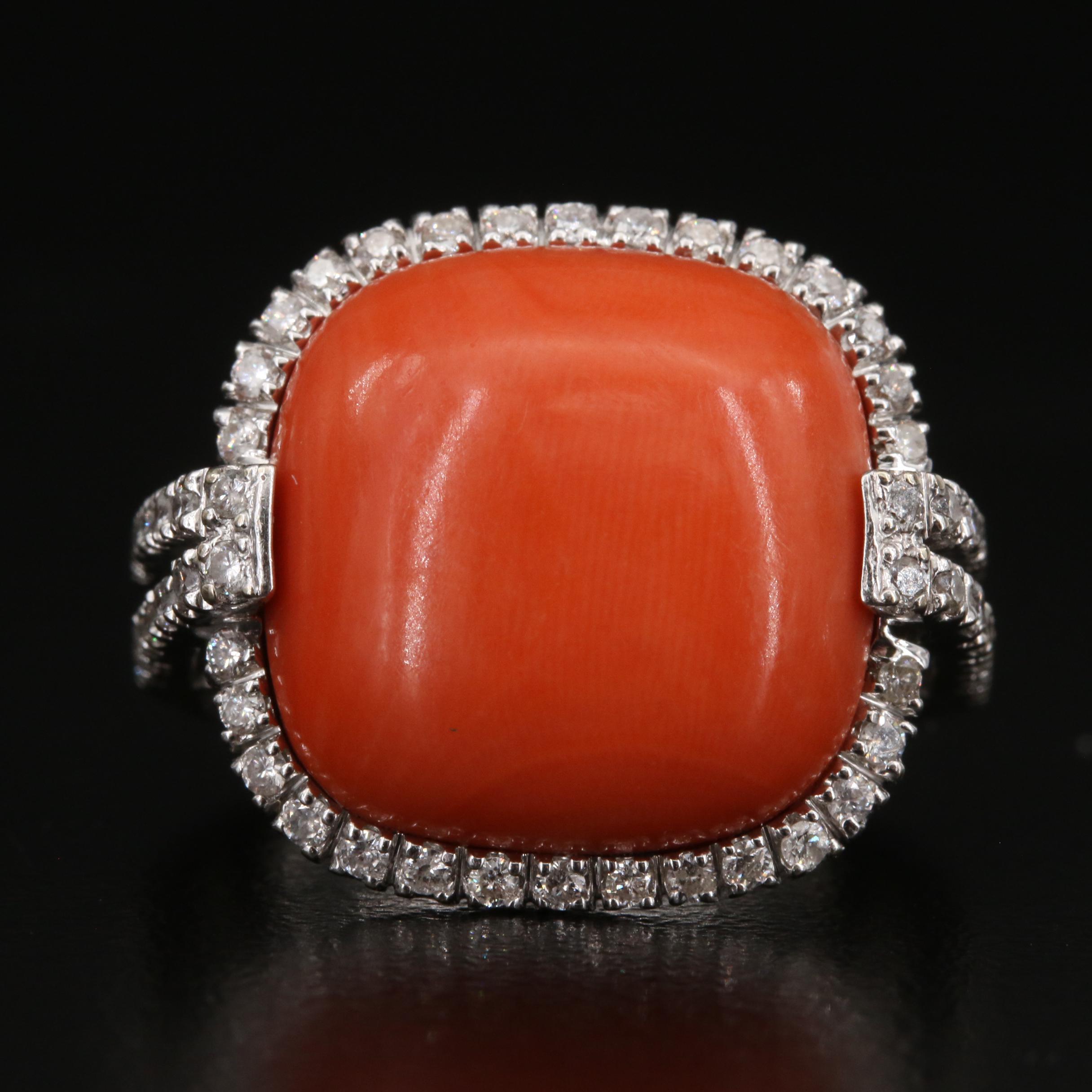 Vintage 18K Coral and Diamond Ring