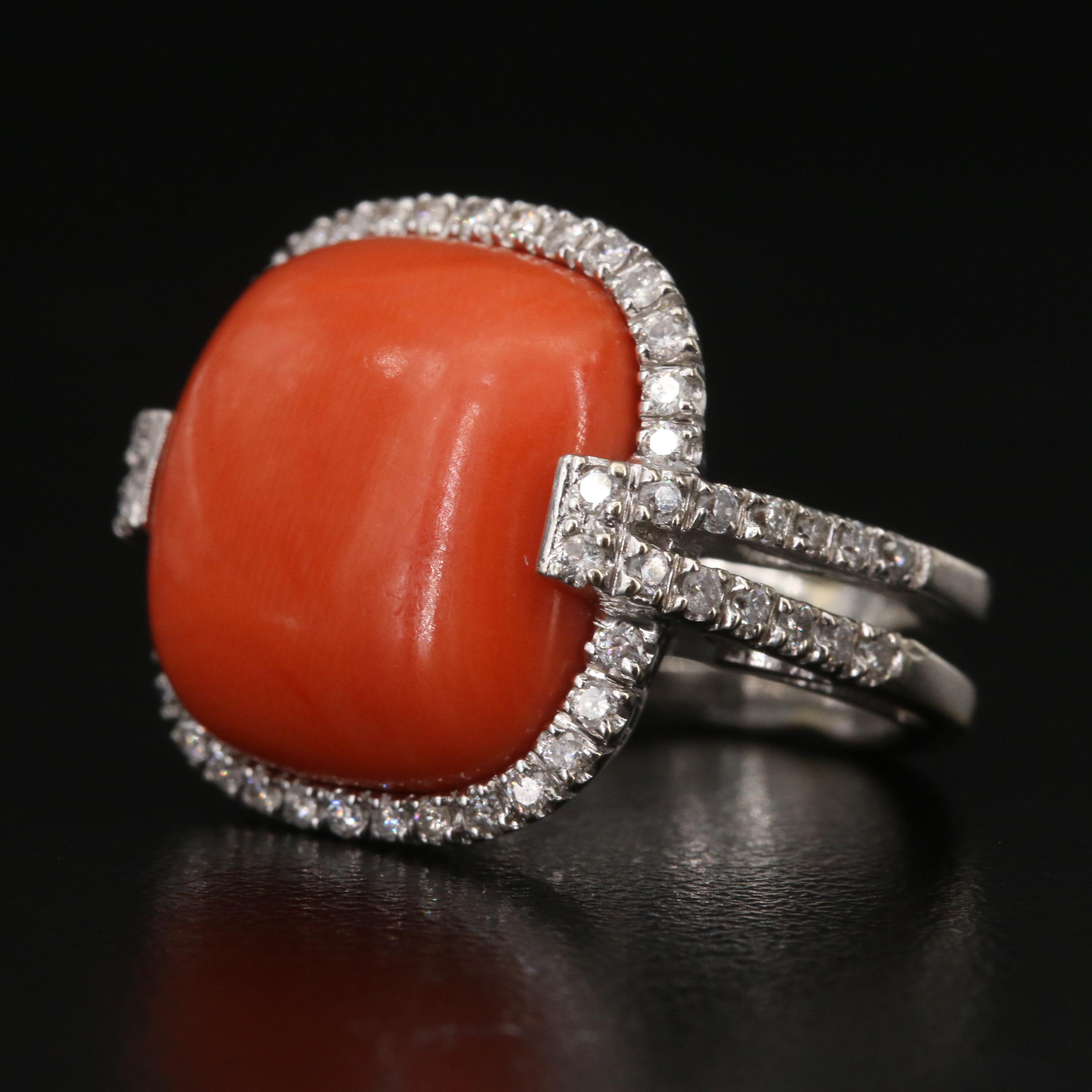 Vintage 18K Coral and Diamond Ring
