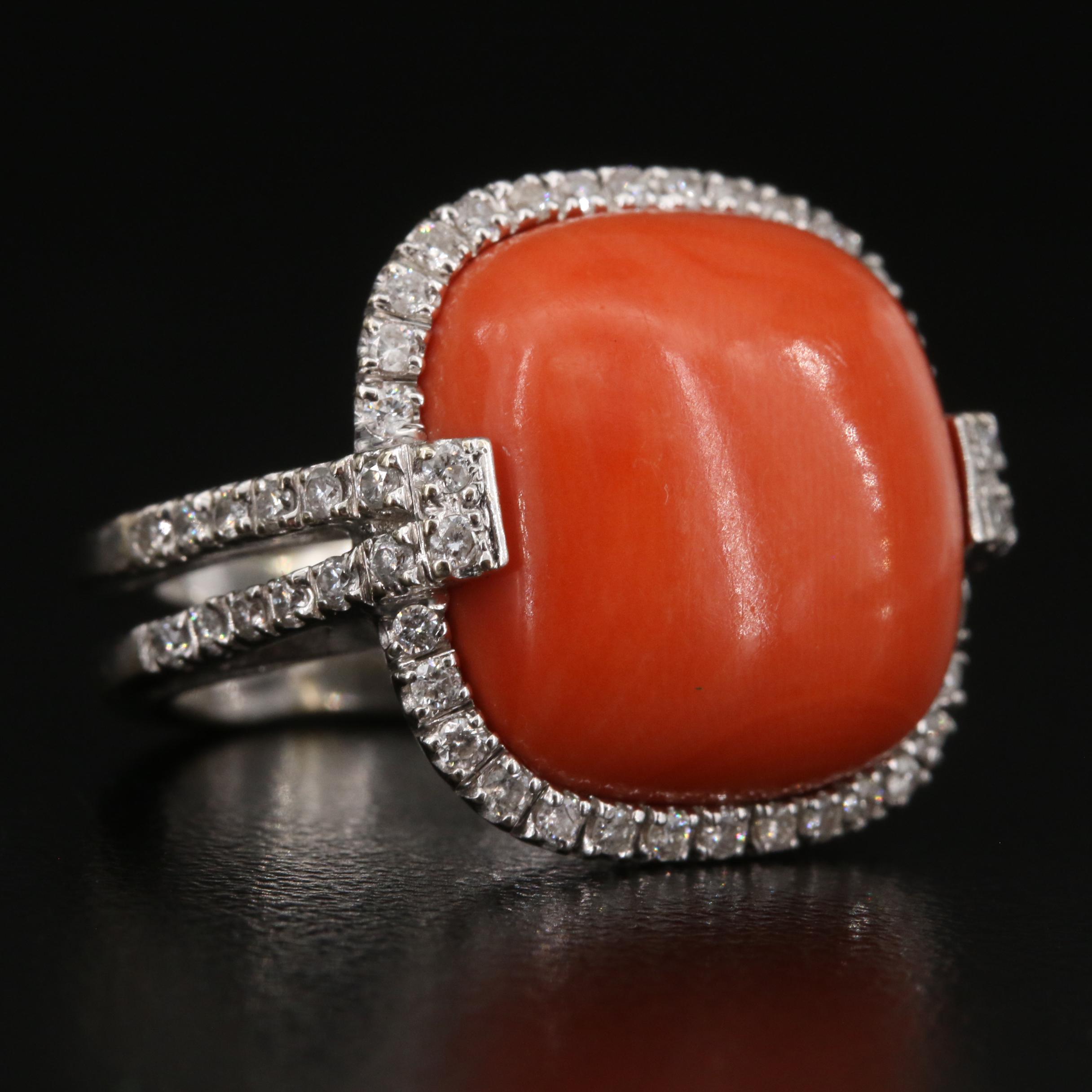 Vintage 18K Coral and Diamond Ring