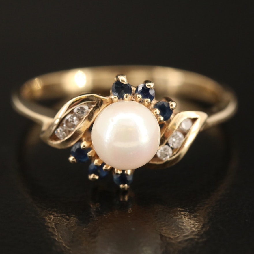 10K Pearl, Sapphire, and Diamond Ring