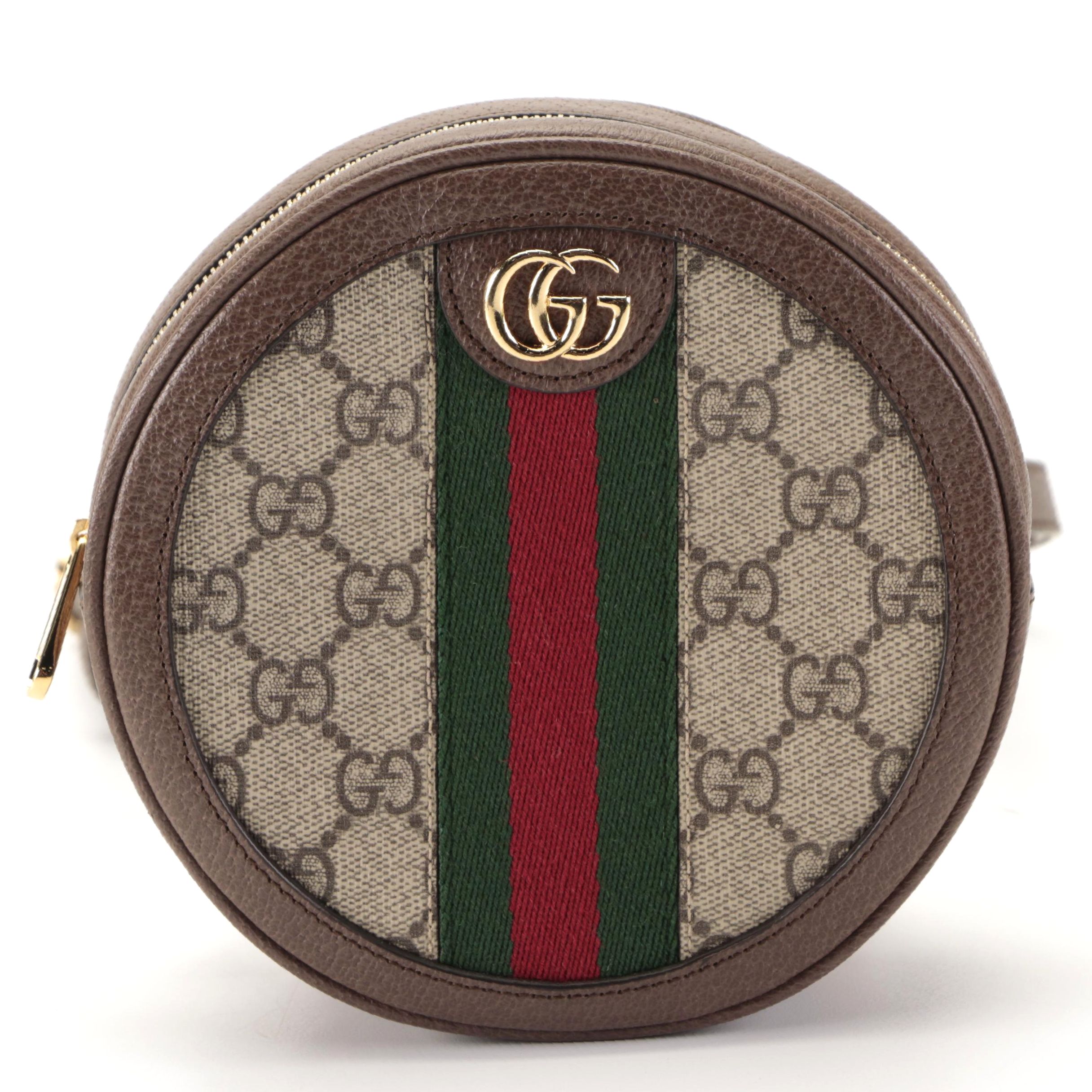Gucci Ophidia Round Mini Backpack in GG Supreme Canvas and Cinghiale Leather