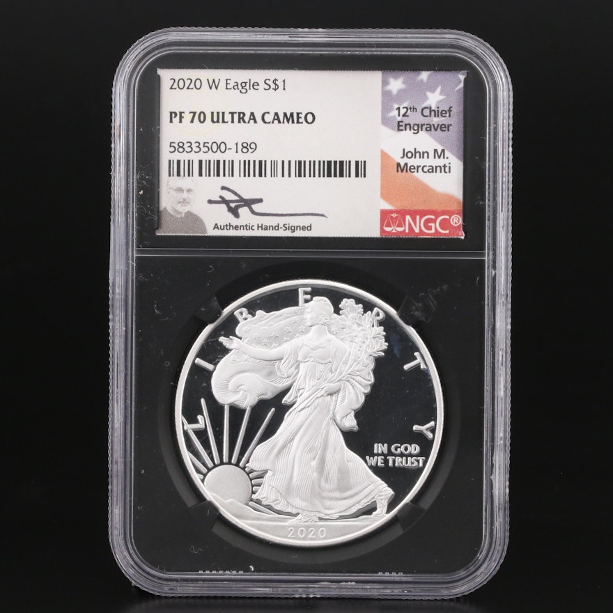 NGC graded PF70 Ultra Cameo 2020-W $1 Silver Eagle (Mercanti Signed)