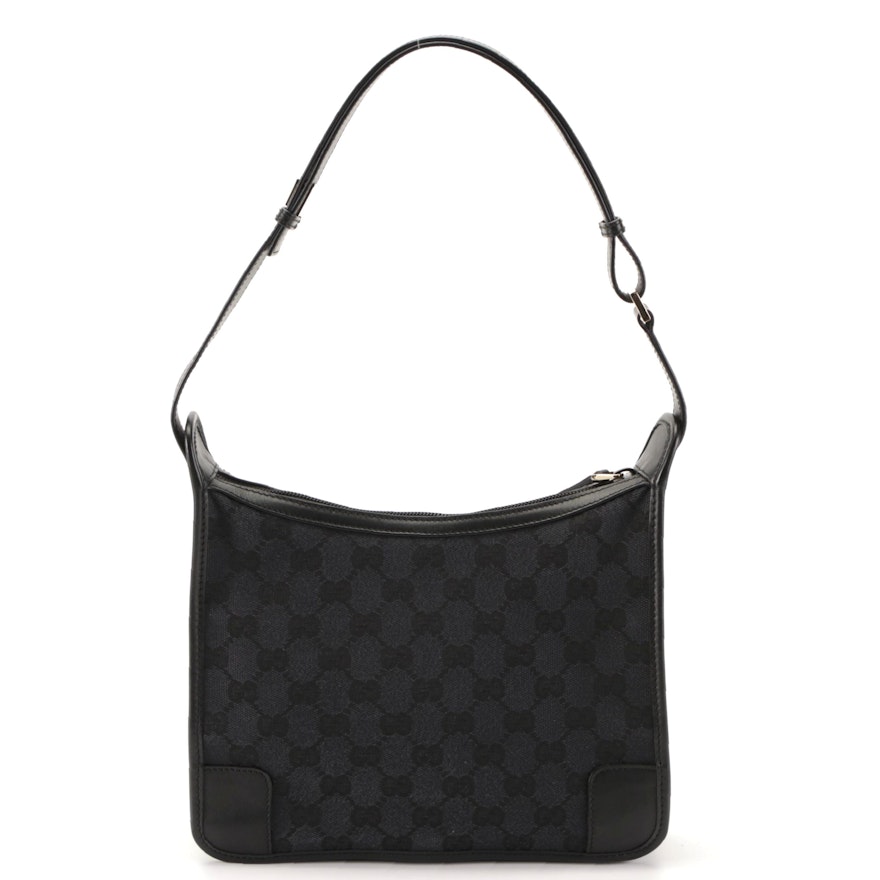 Gucci Shoulder Bag in Black GG Canvas and Leather Trim