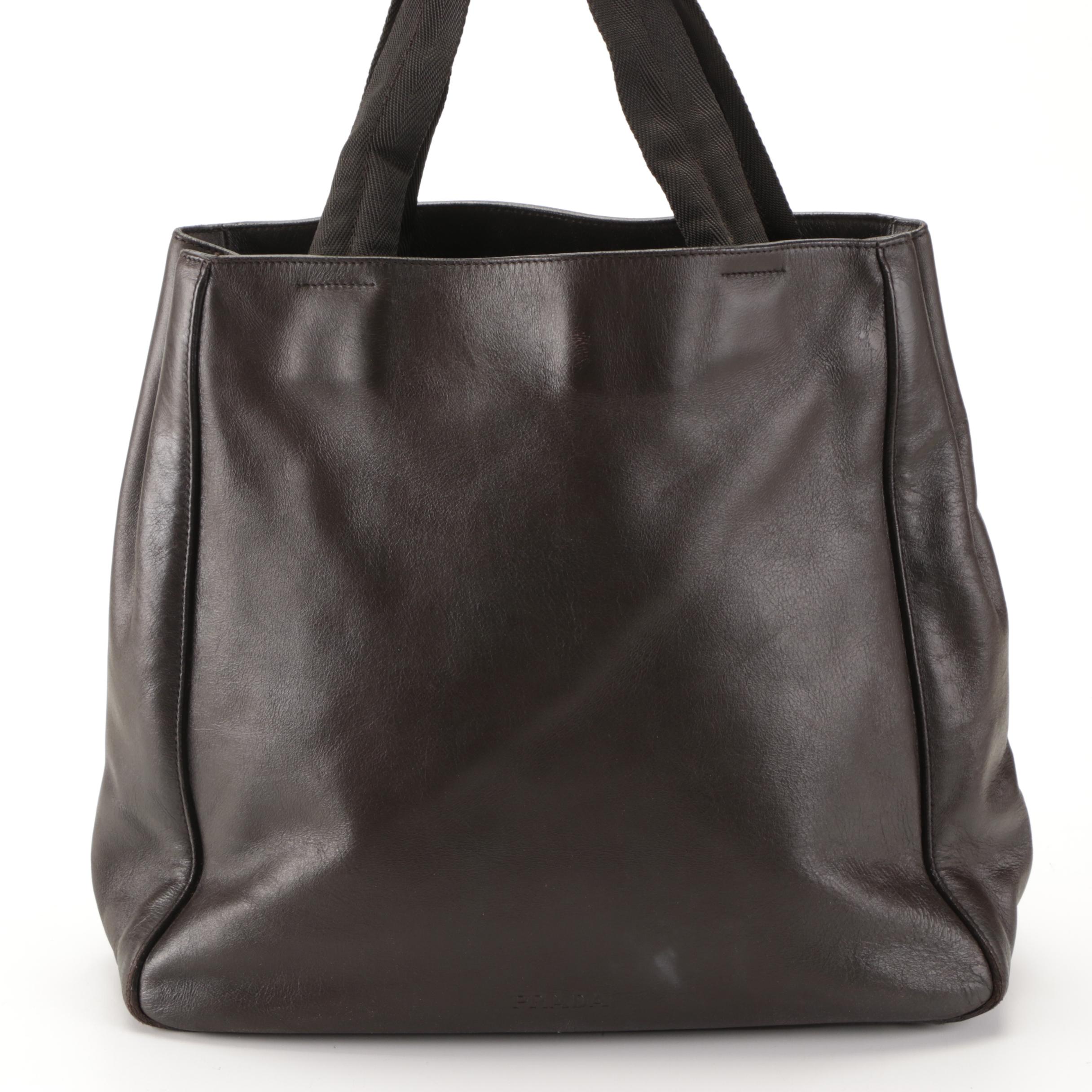 Prada Shoulder Tote Bag in Dark Brown Calfskin Leather