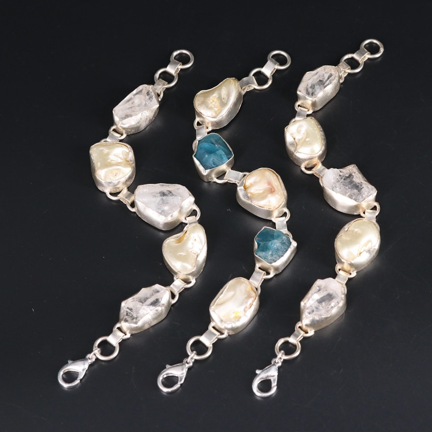 Bracelet Trio Including Pearl, Quartz, and Apatite