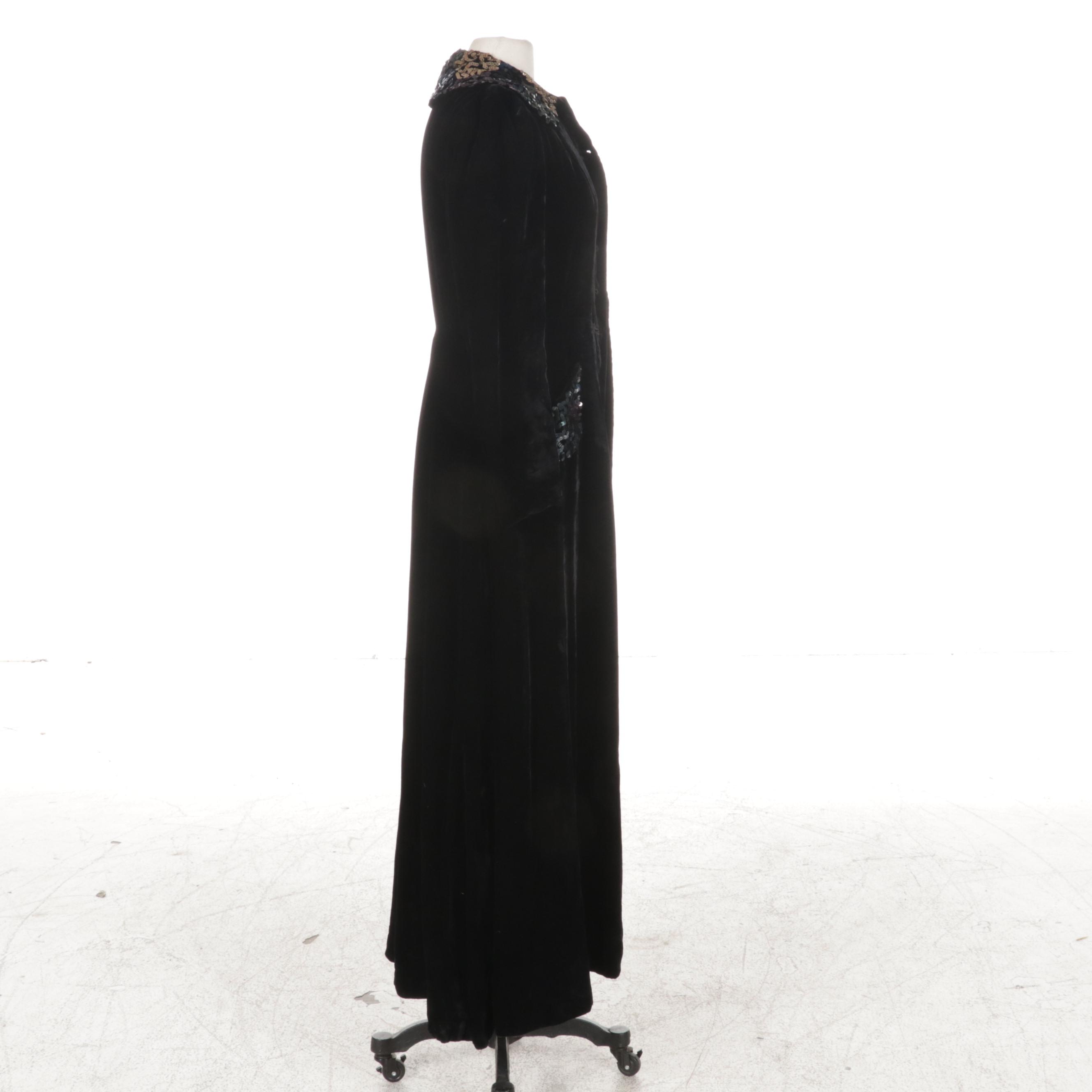 Sequin-Embellished Black Velvet Swing Coat, 1930s-1940s