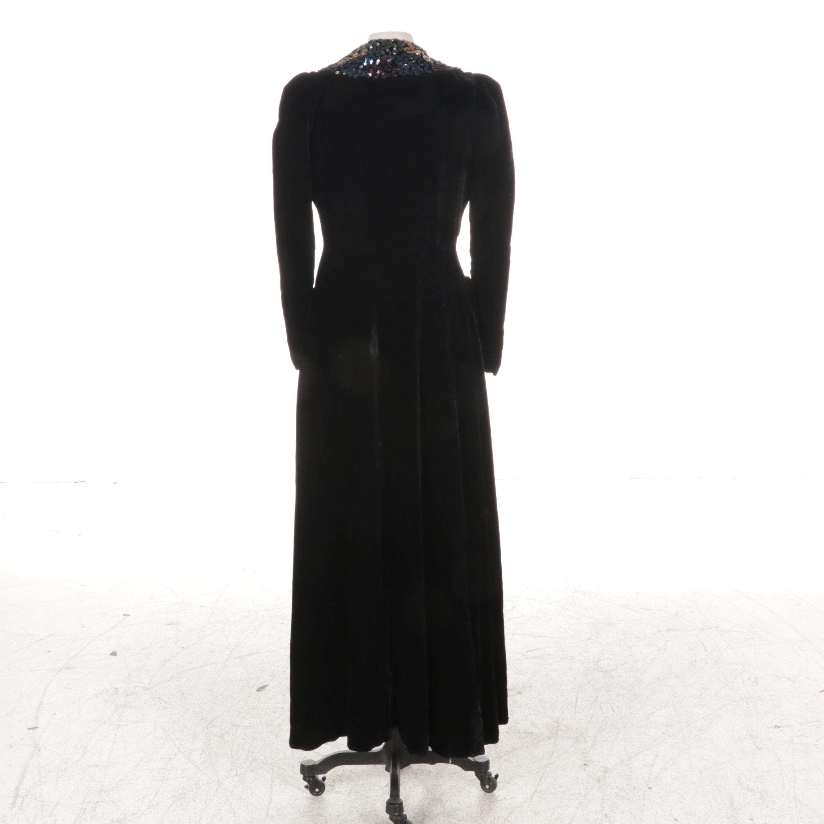 Sequin-Embellished Black Velvet Swing Coat, 1930s-1940s