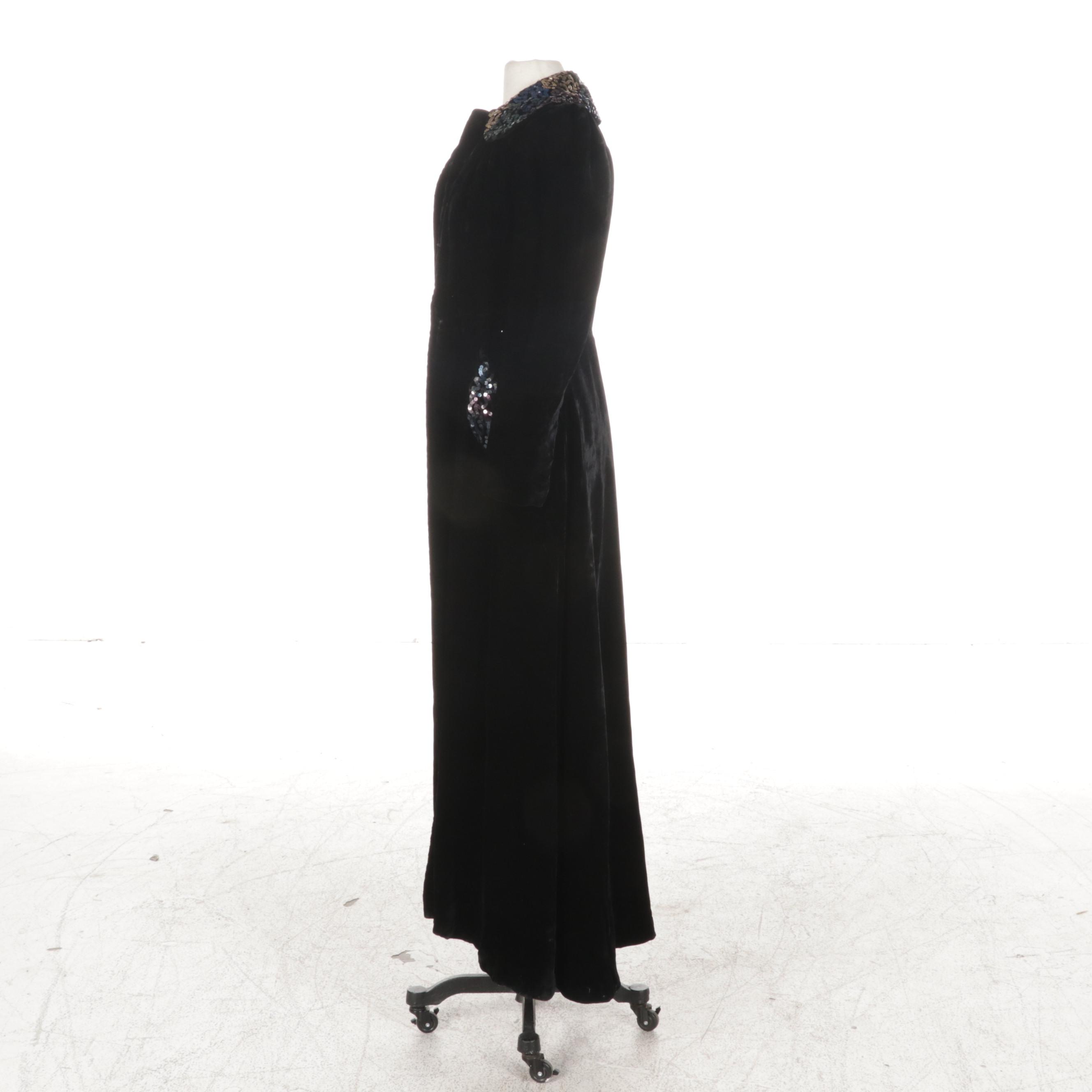 Sequin-Embellished Black Velvet Swing Coat, 1930s-1940s