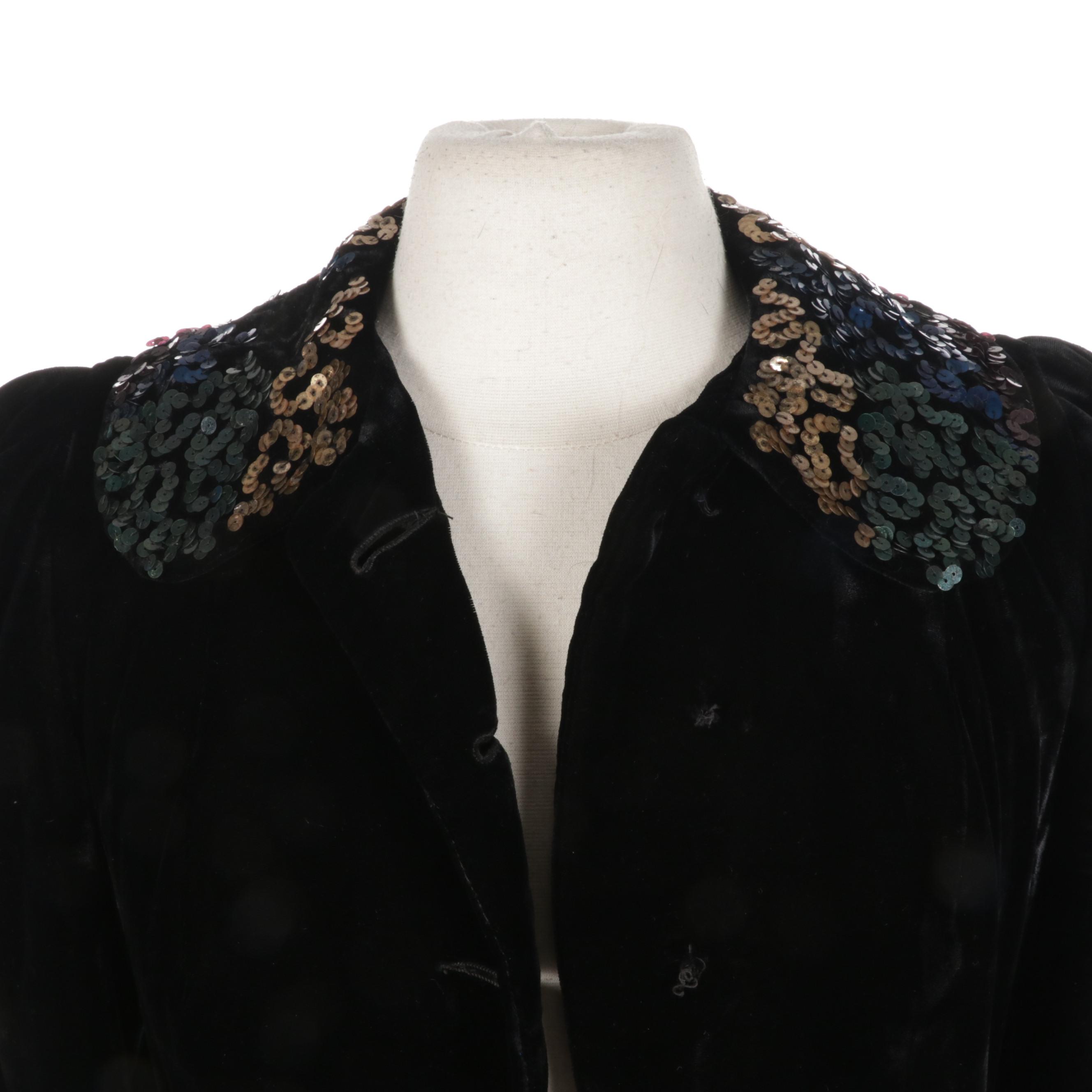 Sequin-Embellished Black Velvet Swing Coat, 1930s-1940s