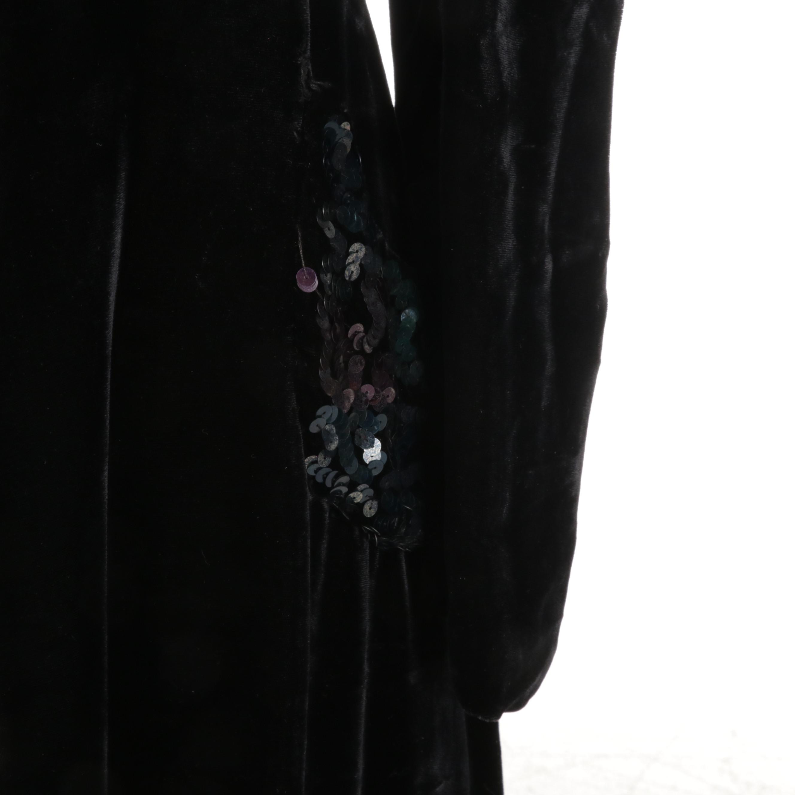 Sequin-Embellished Black Velvet Swing Coat, 1930s-1940s