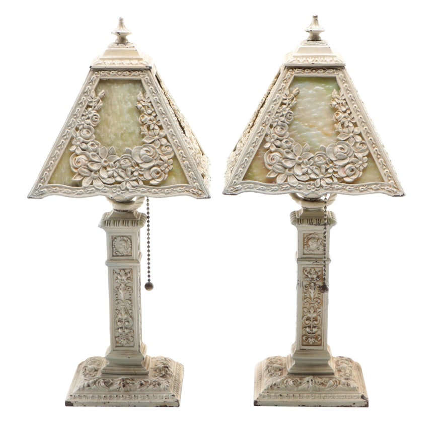 Neoclassical Style Cast Metal and Slag Glass Table Lamps, Early to Mid-20th C.