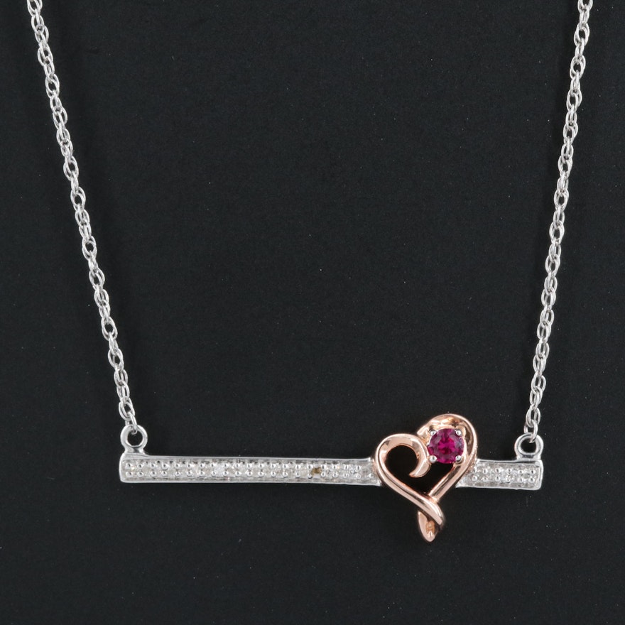 Sterling Ruby and Diamond Bar Necklace with Heart Accent