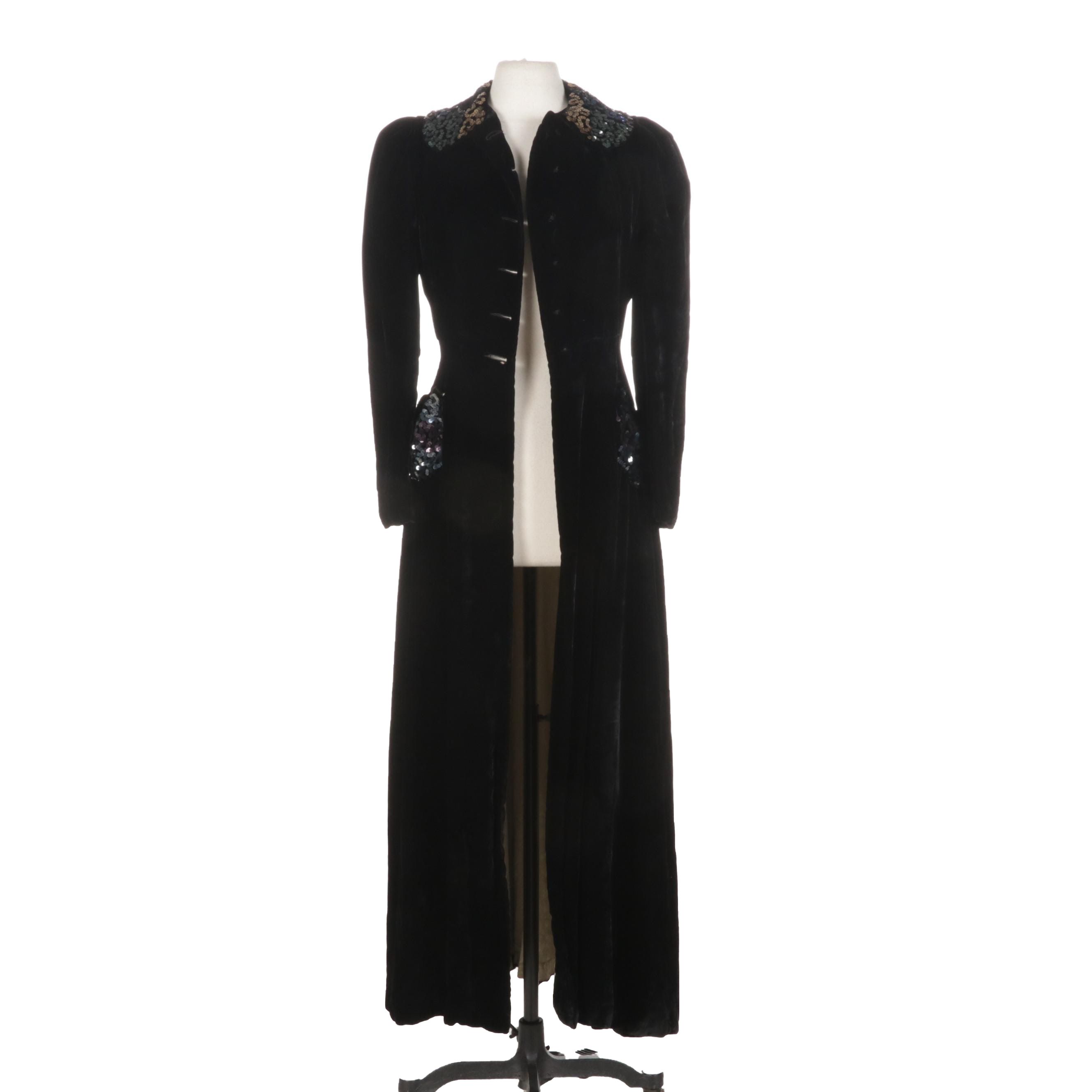Sequin-Embellished Black Velvet Swing Coat, 1930s-1940s