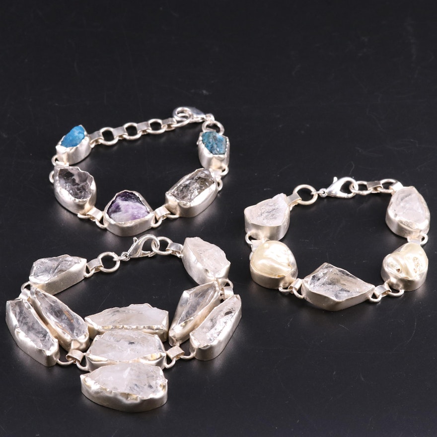 Bracelet Trio Including Quartz and Amethyst