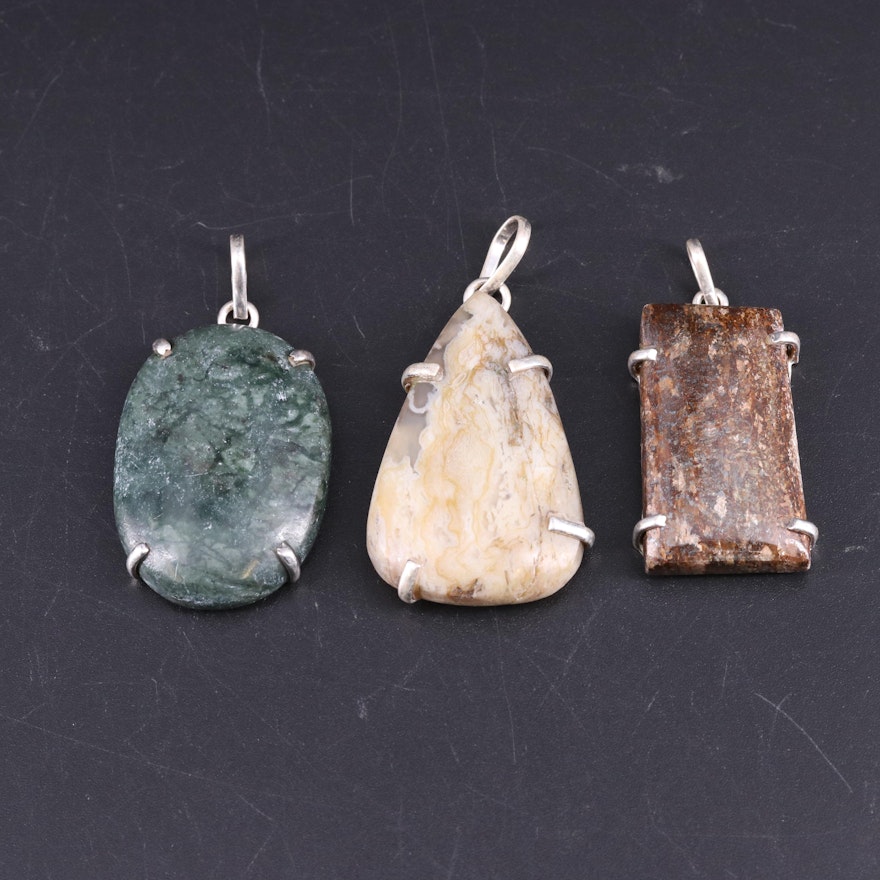 Sterling Silver Pendant Collection Including Agate and Jasper