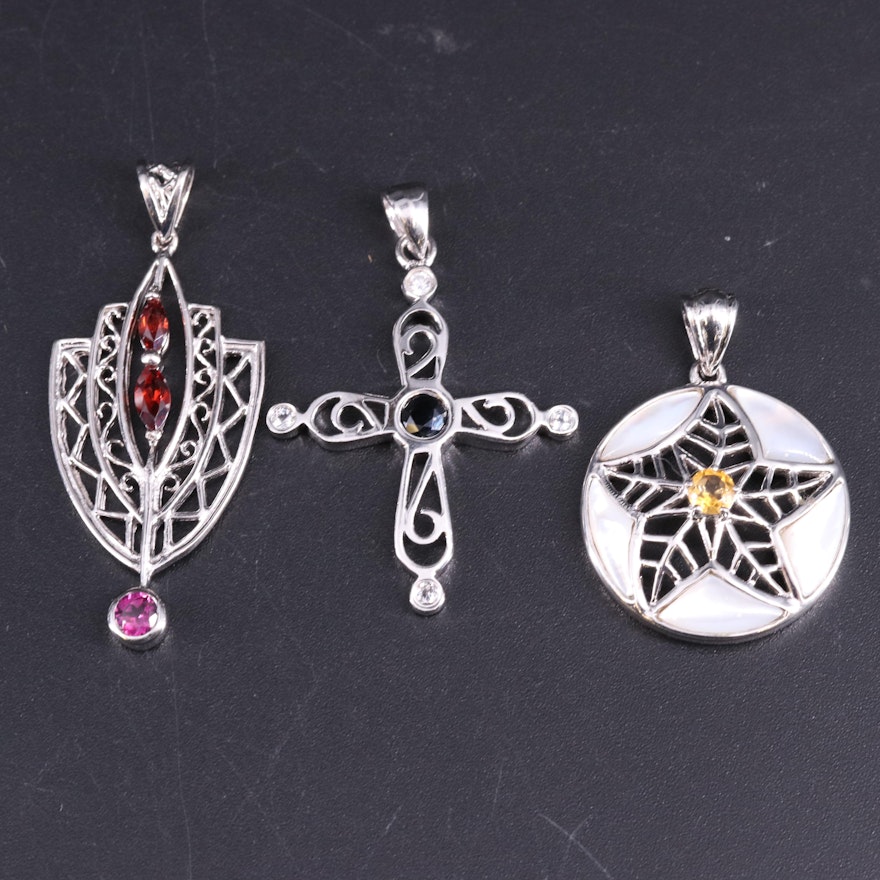 Sterling Silver Pendant Collection Including Rhodolite, Garnet, and Sapphire