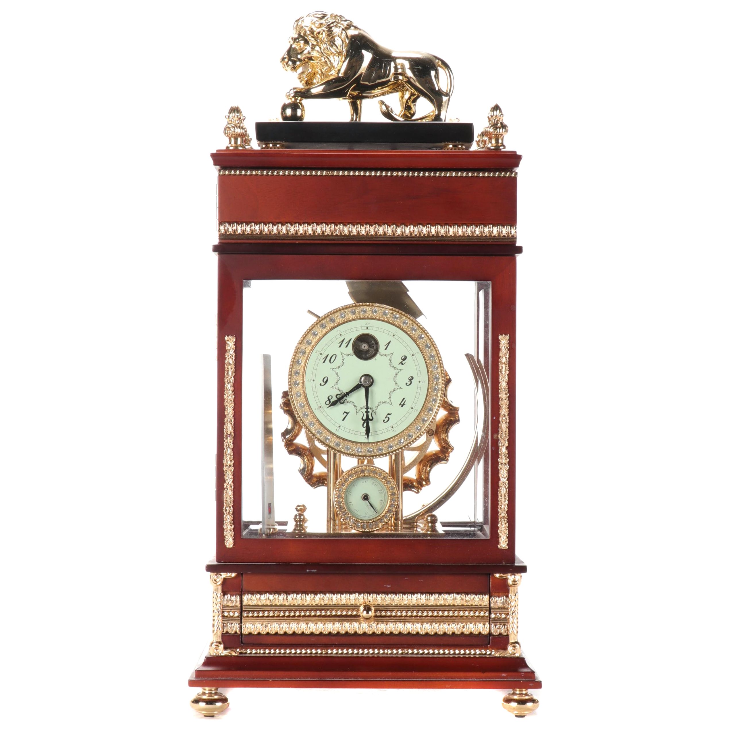 French Style Lion Top Falling Ball Clock With Thermometer and Hygrometer