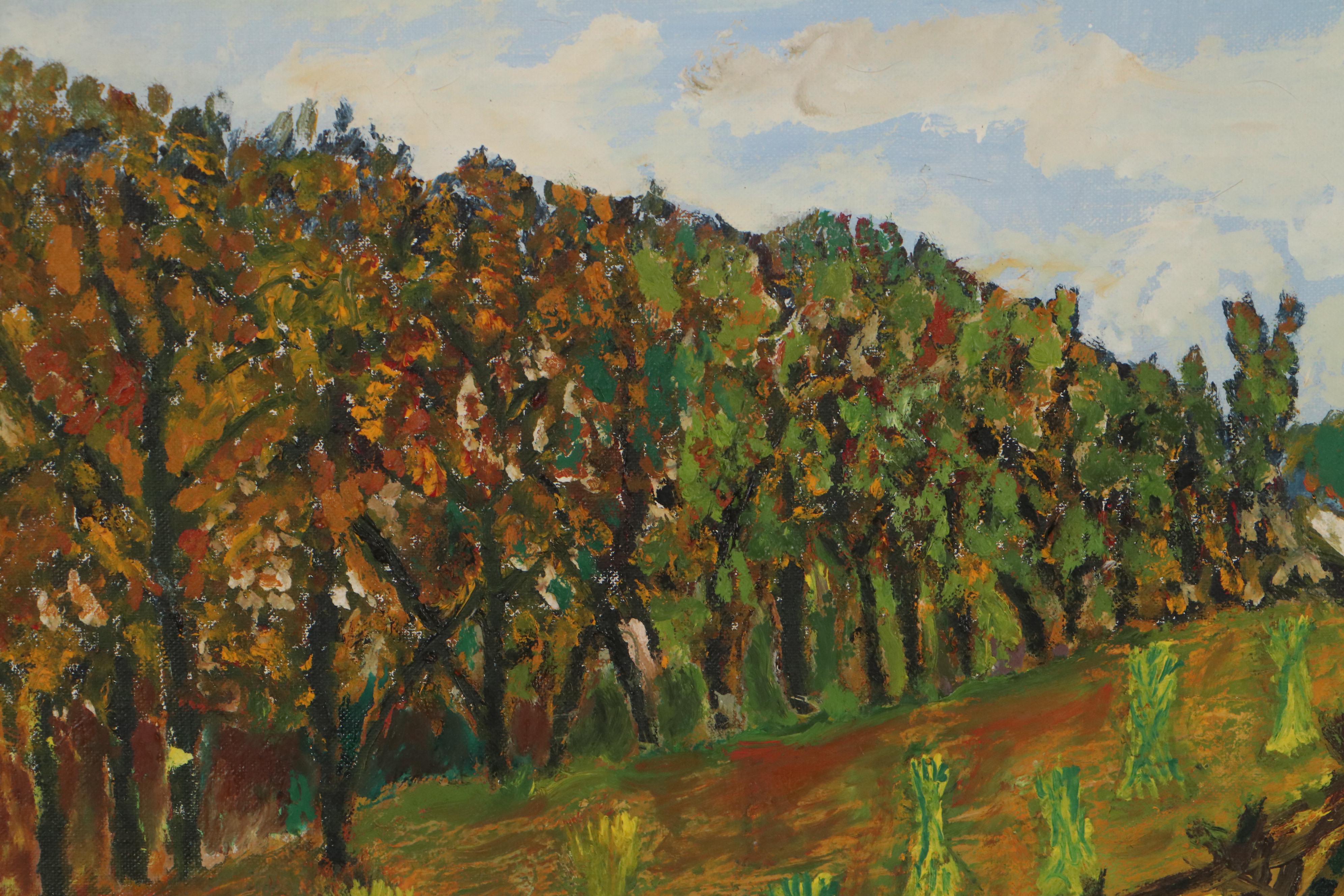 Folk Art Farm Landscape Oil Painting, 1964