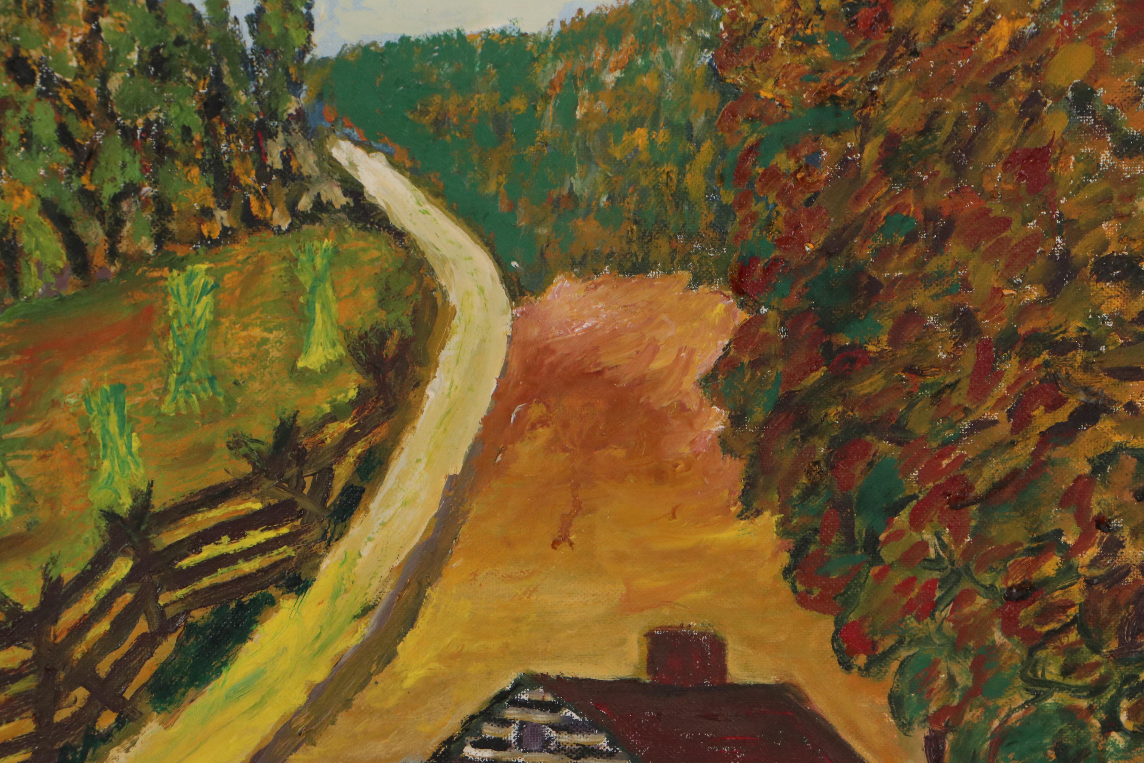 Folk Art Farm Landscape Oil Painting, 1964