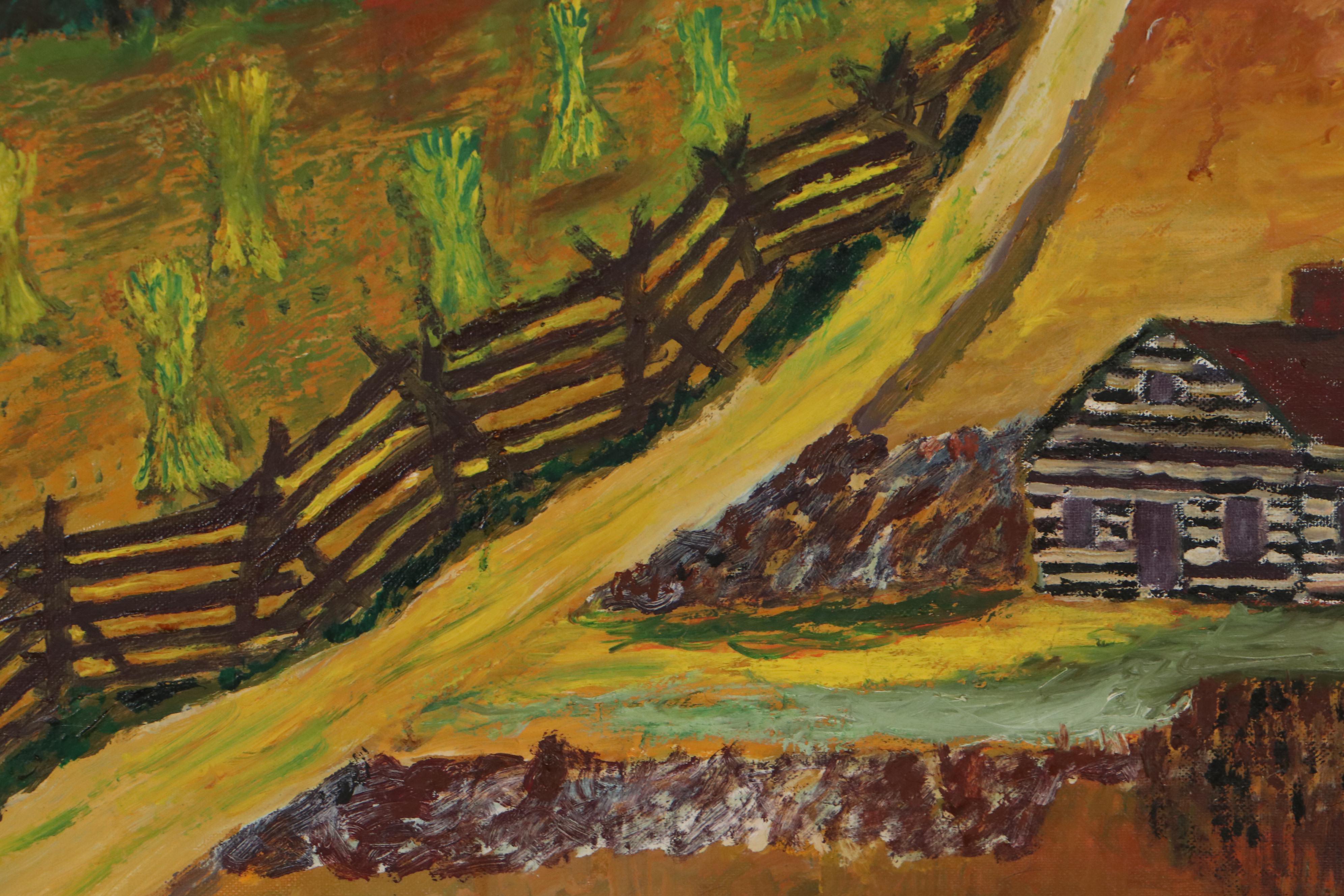 Folk Art Farm Landscape Oil Painting, 1964