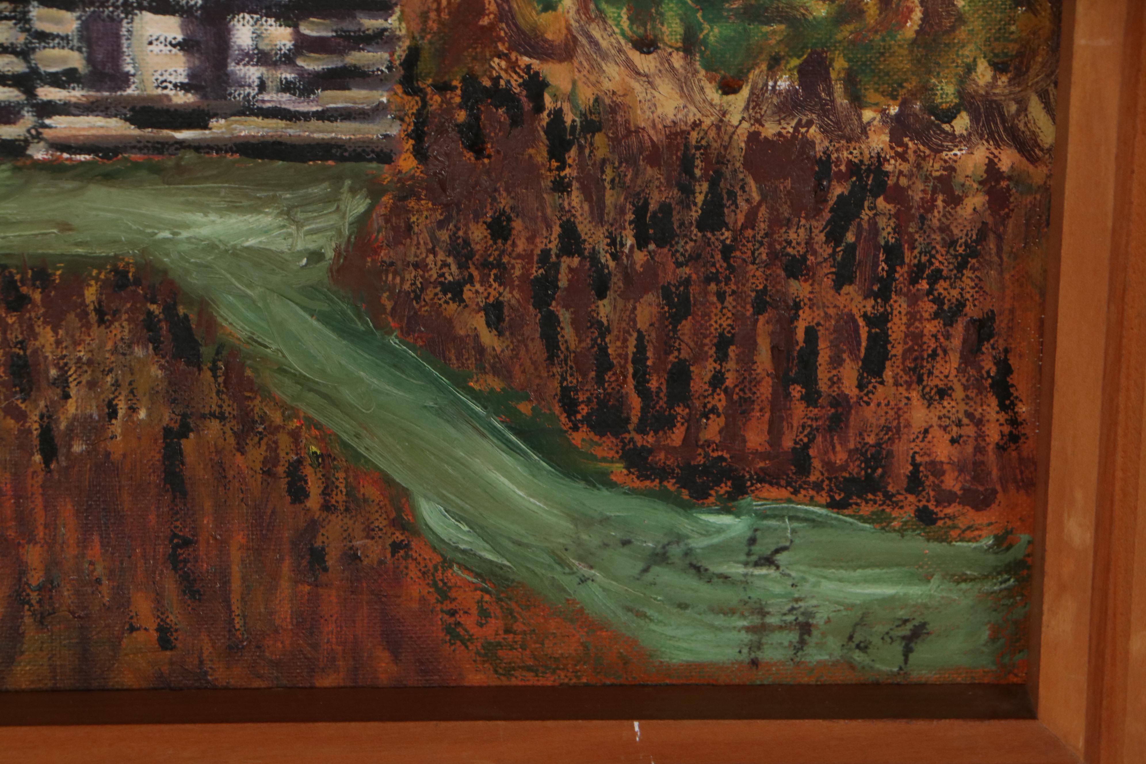 Folk Art Farm Landscape Oil Painting, 1964