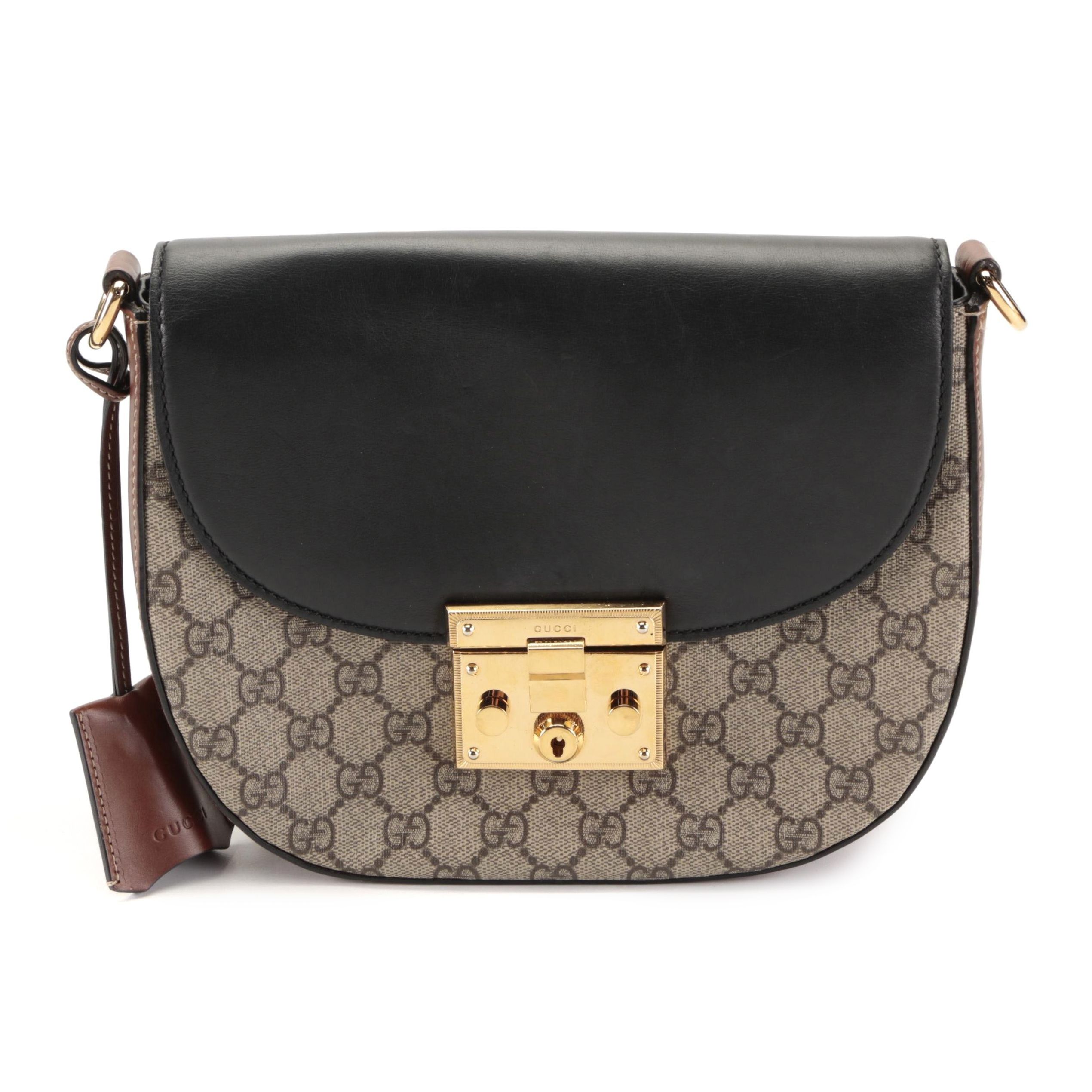 Gucci Medium Padlock Saddle Bag in GG Supreme Canvas and Bicolor Leather