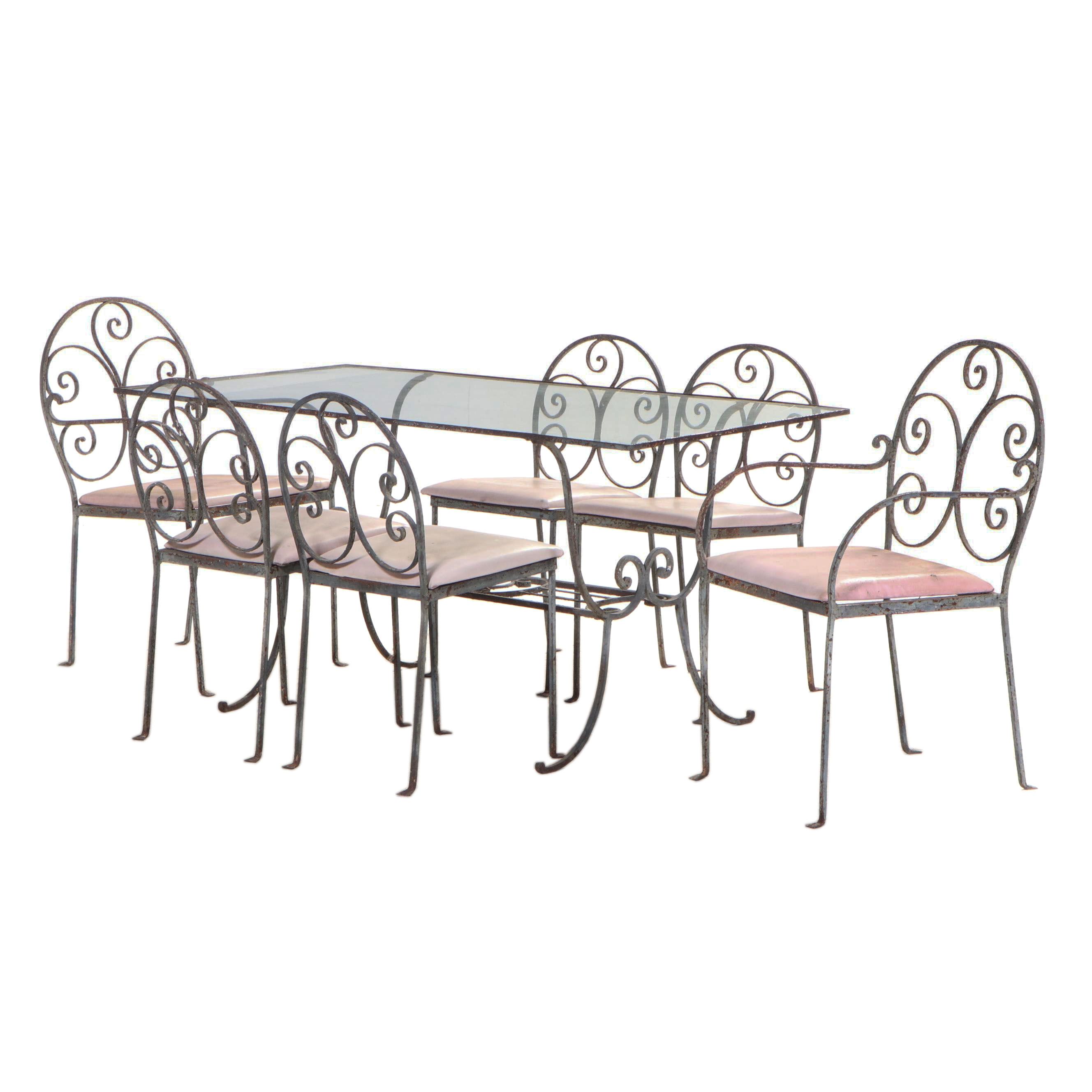 Glass Top Metal Patio Dining Table with Six Chairs