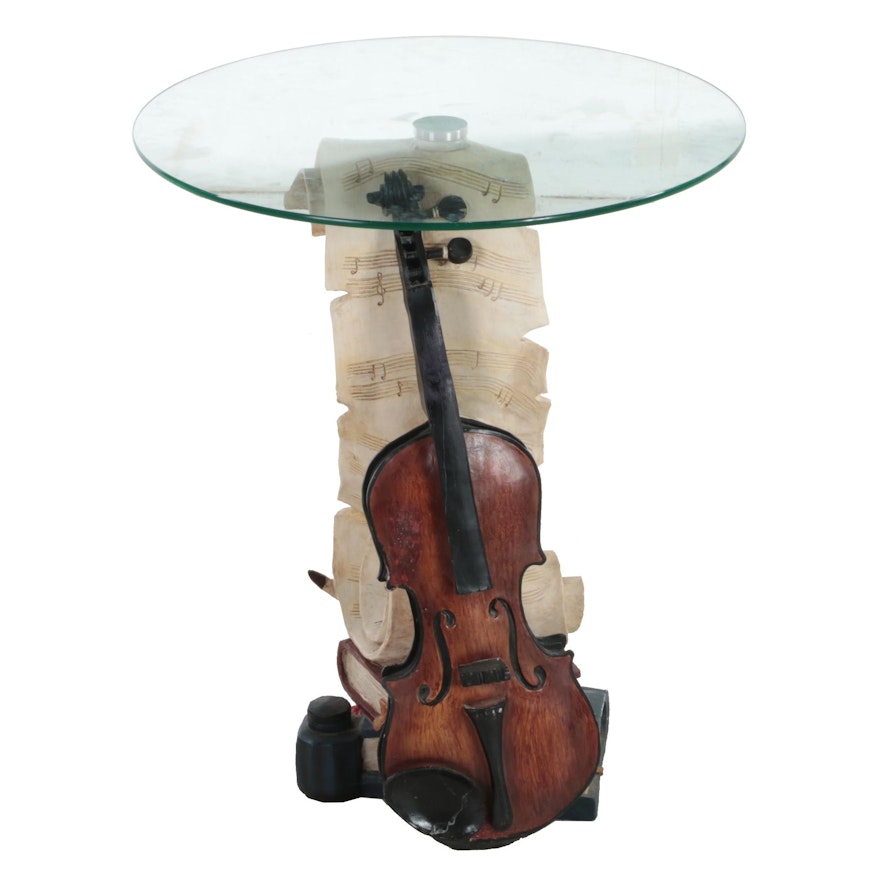 Academy Violin-Themed Plaster and Glass Top Side Table