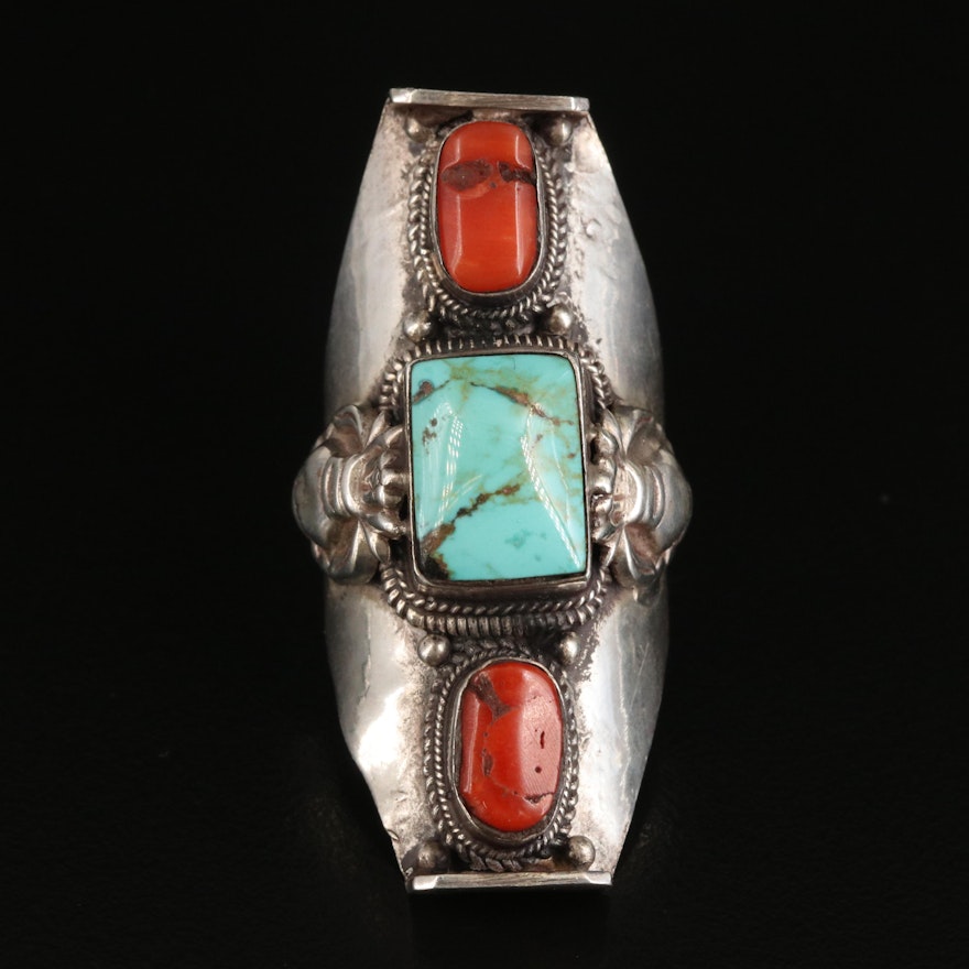 Tibetan Sterling Turquoise and Coral Pointer Ring
